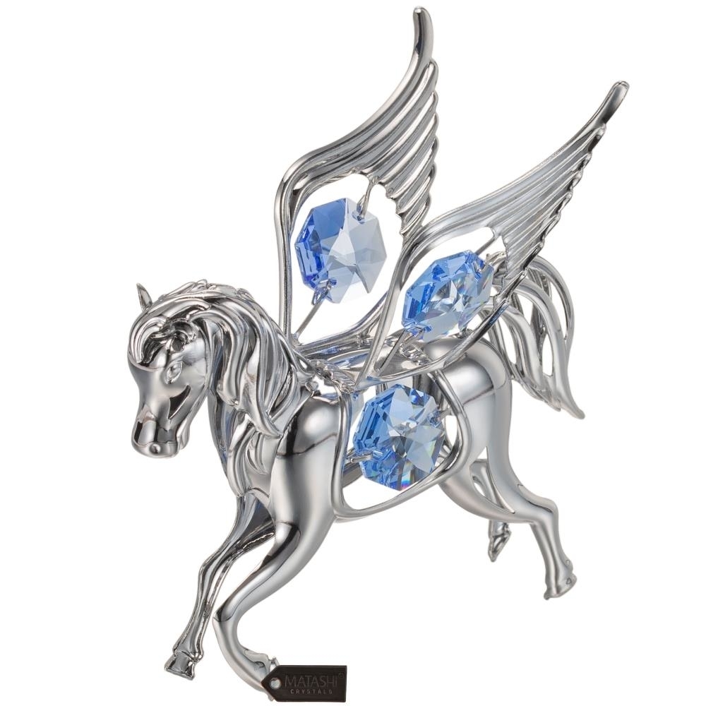 Chrome Plated Silver Pegasus Ornament With Blue Crystals By Matashi