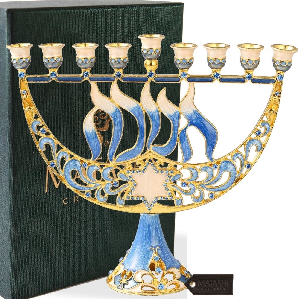 Hand Painted Enamel Menorah Candelabra With A Star Of David And Embellished With Gold Accents