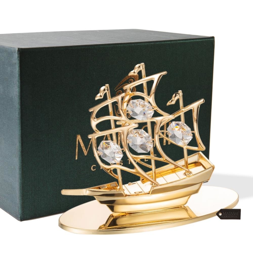 Matashi 24K Gold Plated Crystal Studded Mayflower Sailing Ship Ornament