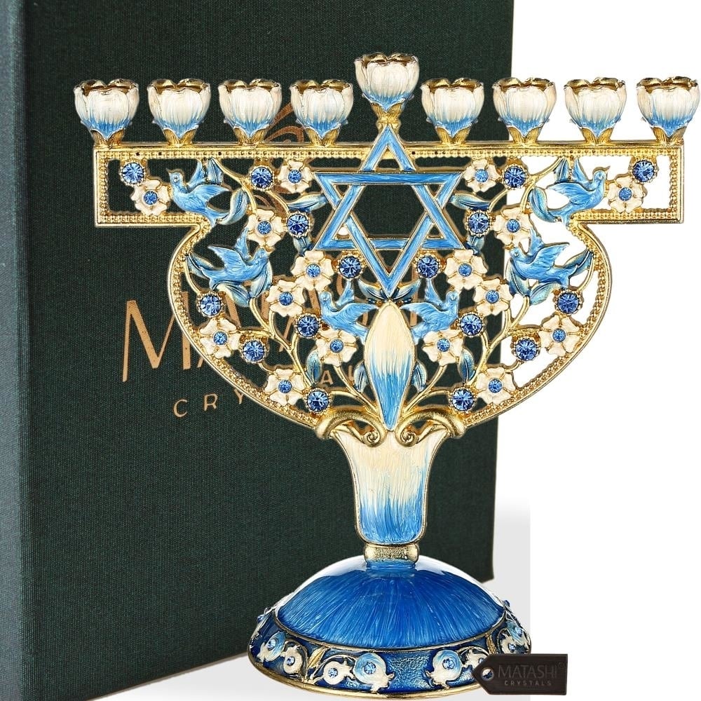Hand Painted Enamel Menorah Candelabra With Doves & Flowers Design Embellished With Gold Accents And High Quality Crystals