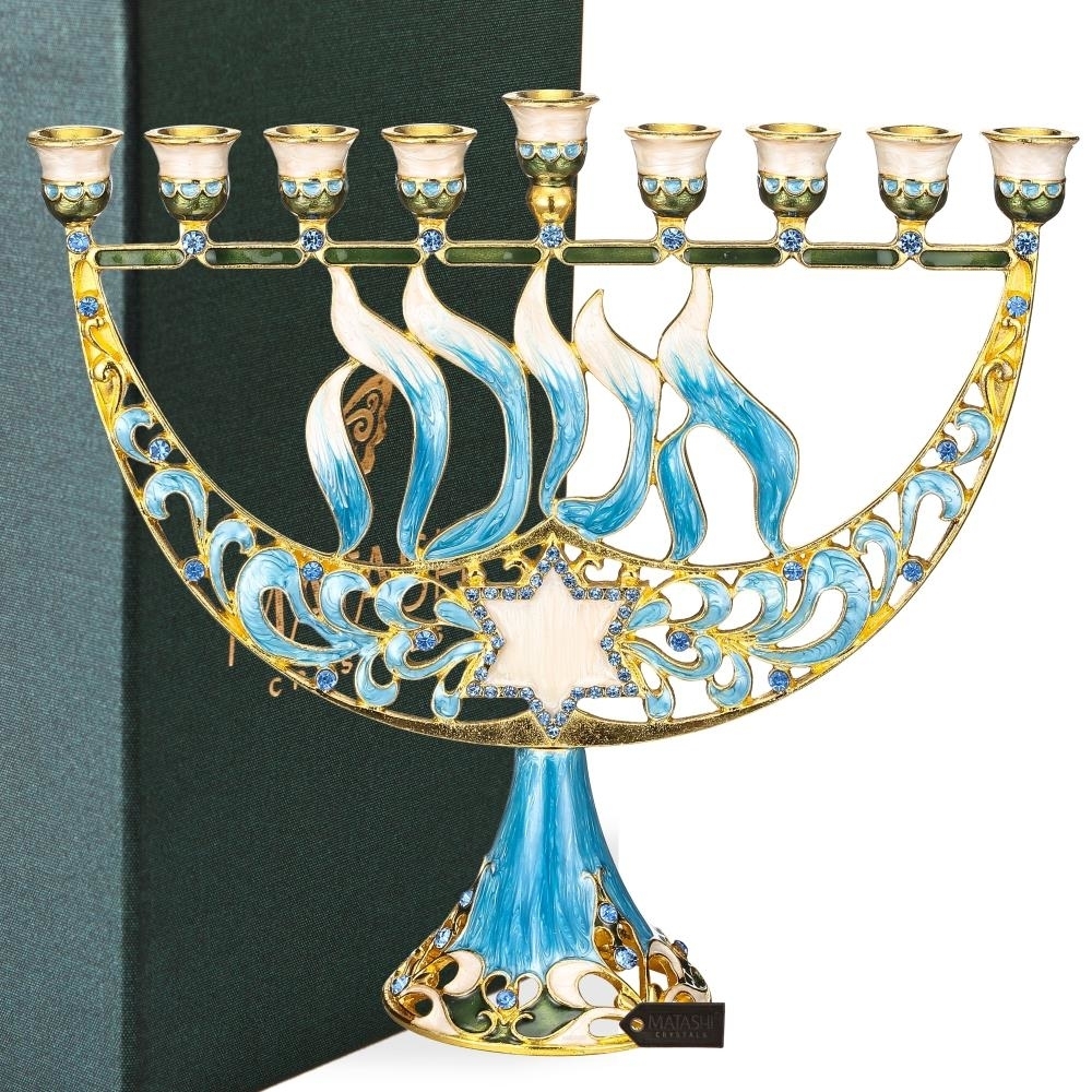 Hand Painted Enamel Menorah Candelabra With A Star Of David And Hebrew Hanukkah Design And Embellished With Gold Accents