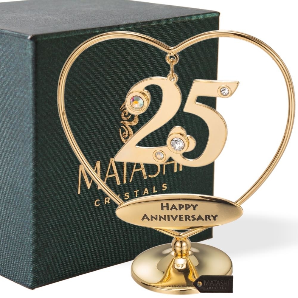 Matashi 24K Gold Plated Beautiful 25th Happy Anniversary Heart Table Top Ornament Made With Genuine Matashi Crystals