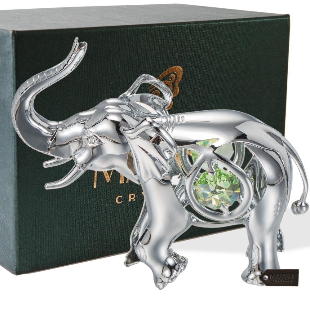 Matashi Chrome Plated Silver Elephant With Open Mouth Ornament With Mint Green And Clear-Cut Crystals
