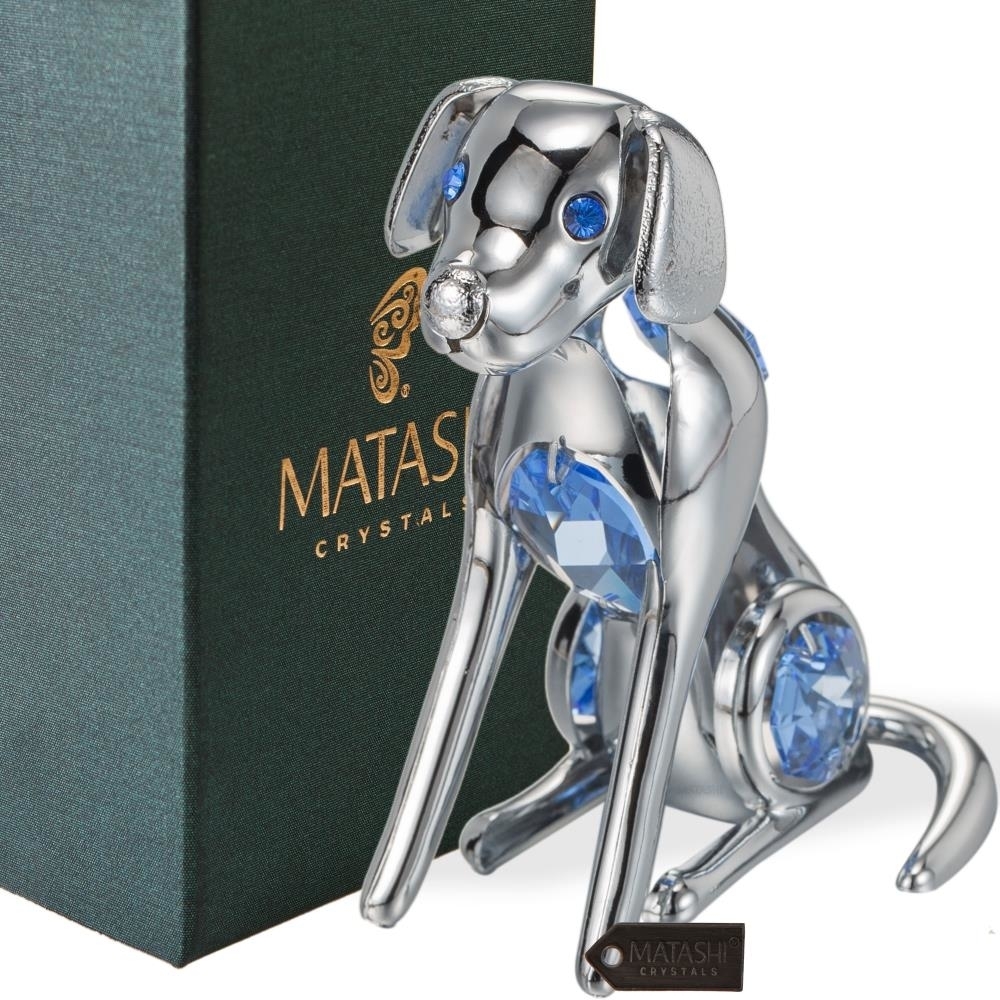Matashi Chrome Plated Silver Dog With Blue Crystals