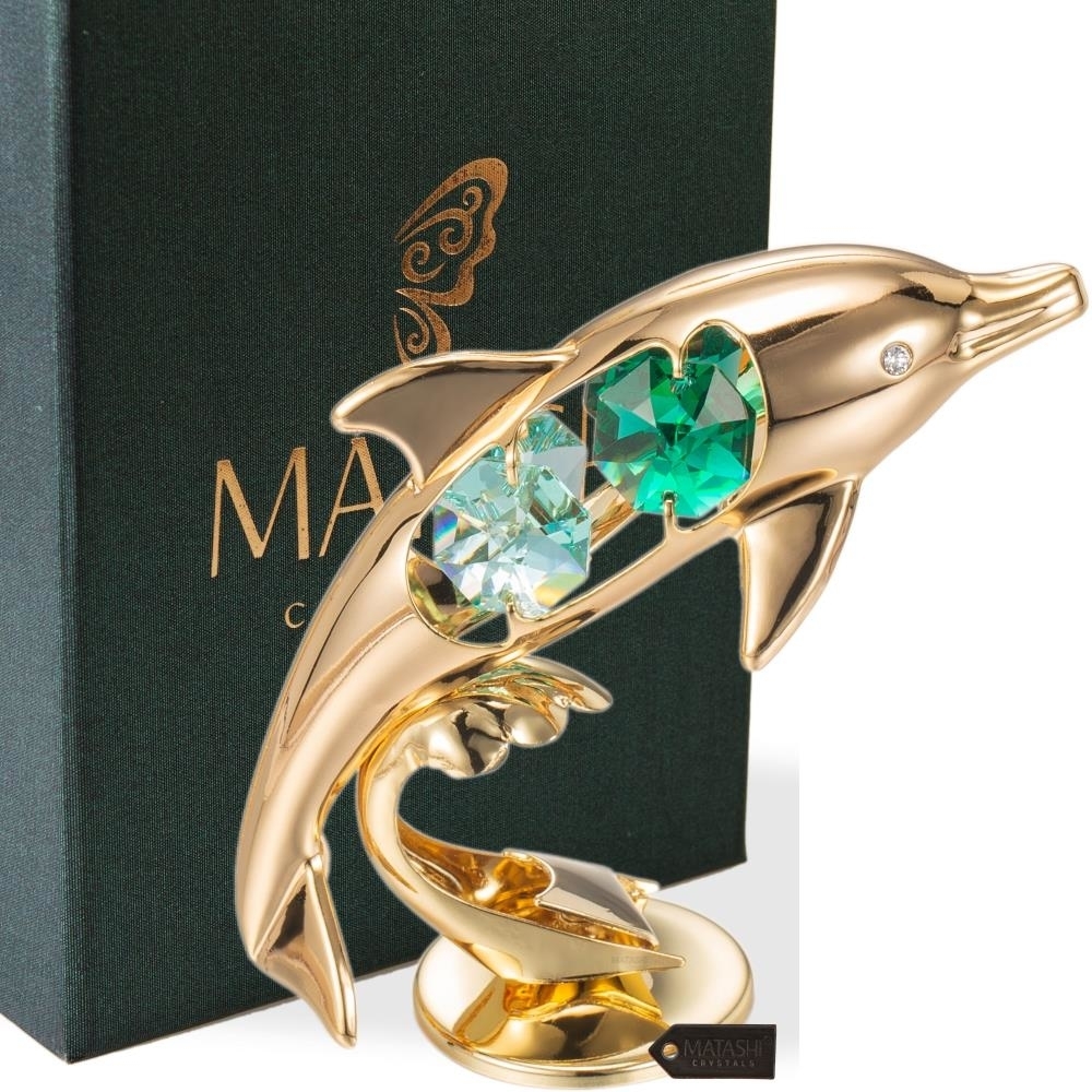 24K Gold Plated Crystal Studded Dolphin Riding Wave Figurine Ornament By Matashi
