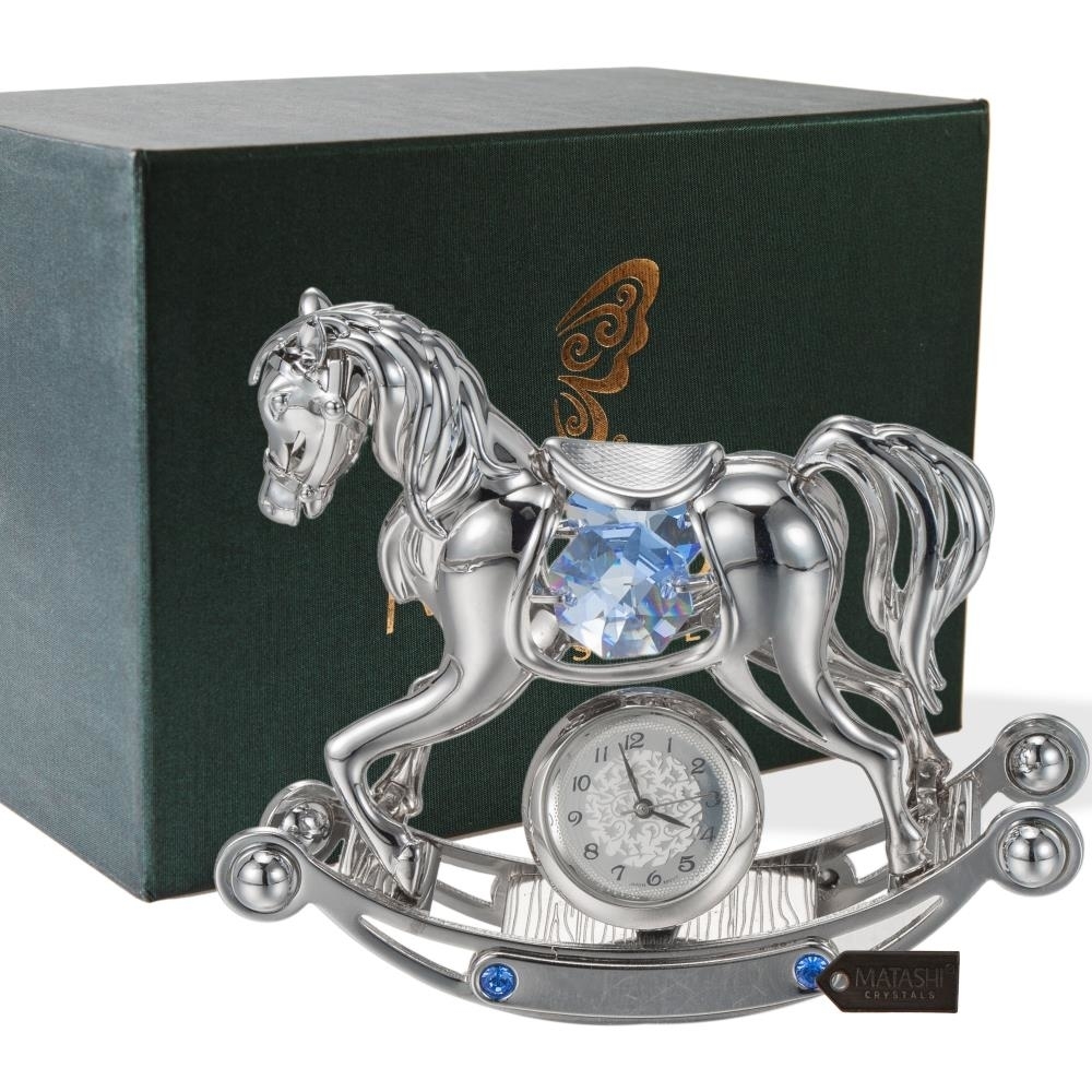 Chrome Plated Crystal Studded Silver Rocking Horse Desk Clock Ornament By Matashi
