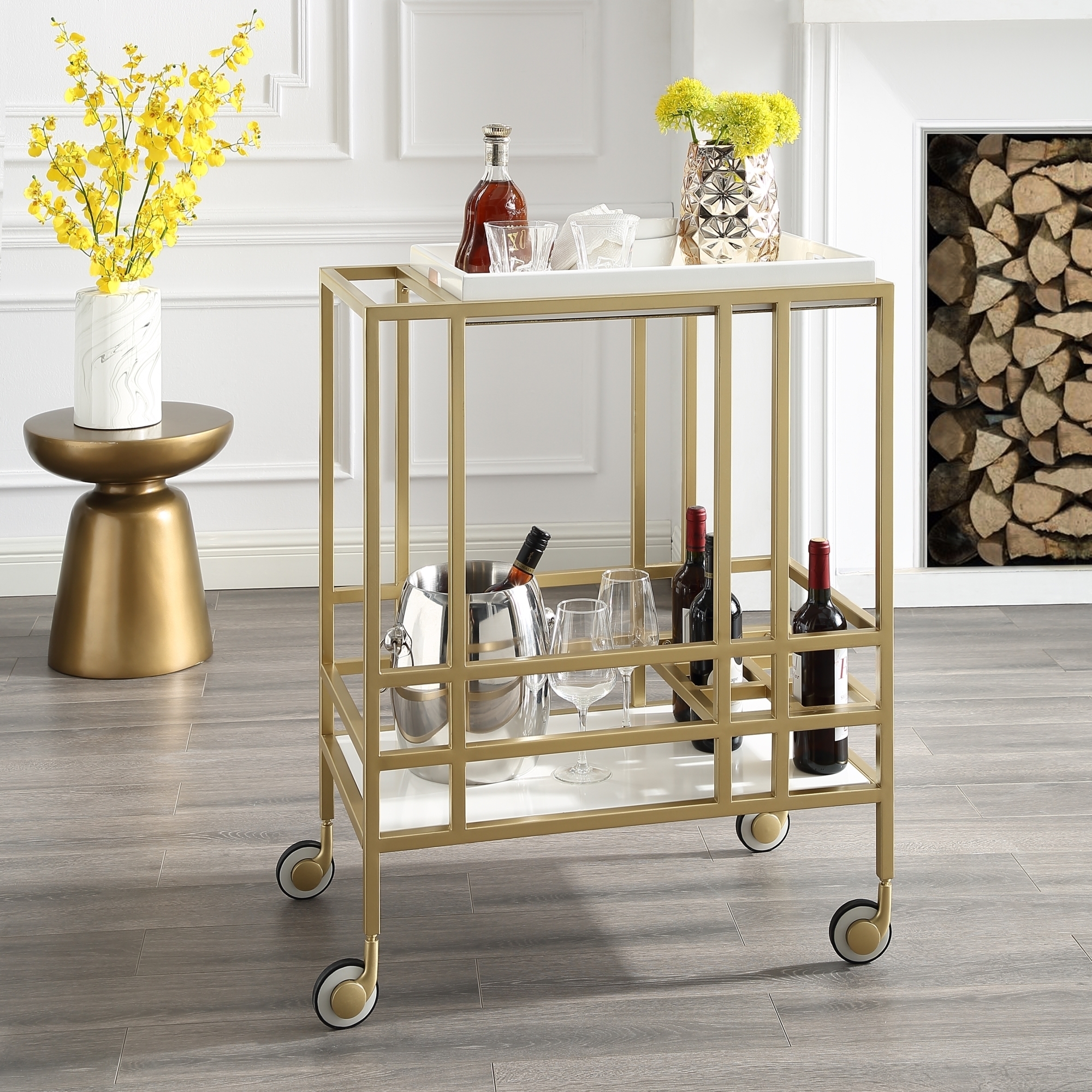 Kelsey Serving Bar Cart-Removable Tray-Wine Bottle And Stemware Storage-Casters-Inspired Home - Grey/ Black