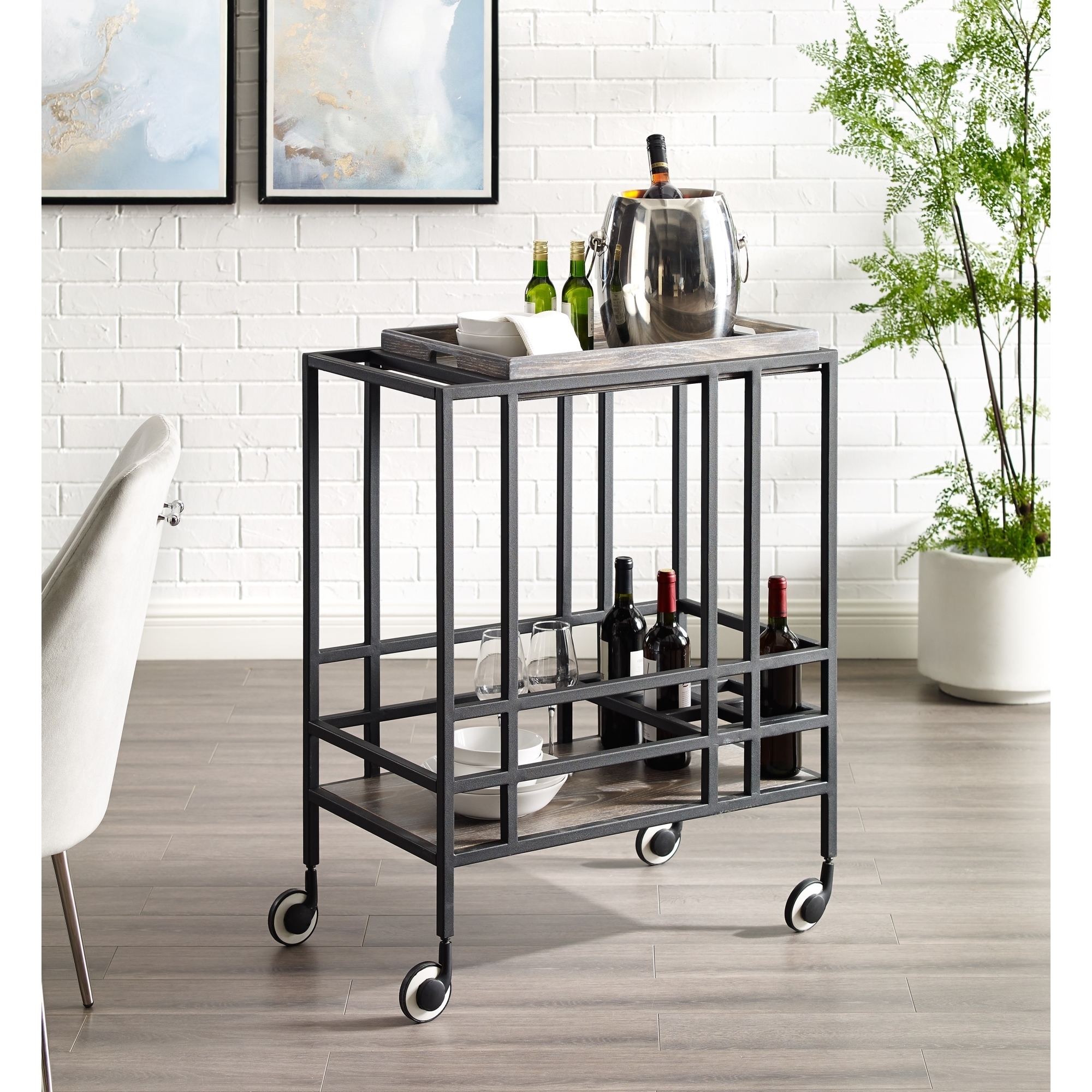 Kelsey Serving Bar Cart-Removable Tray-Wine Bottle And Stemware Storage-Casters-Inspired Home - Grey/ Black