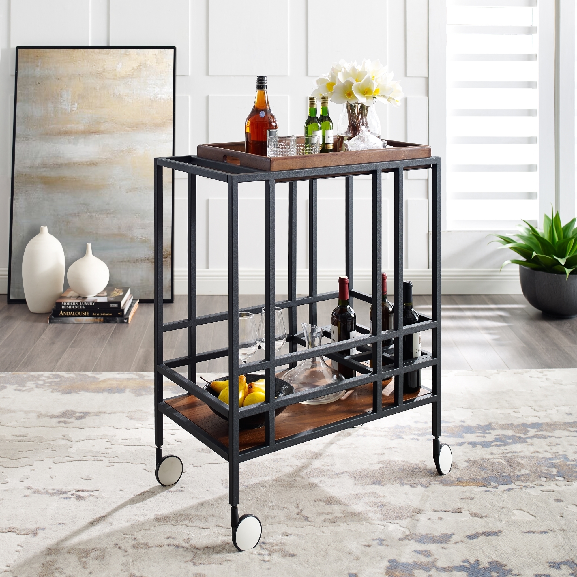 Kelsey Serving Bar Cart-Removable Tray-Wine Bottle And Stemware Storage-Casters-Inspired Home - Walnut/ Black
