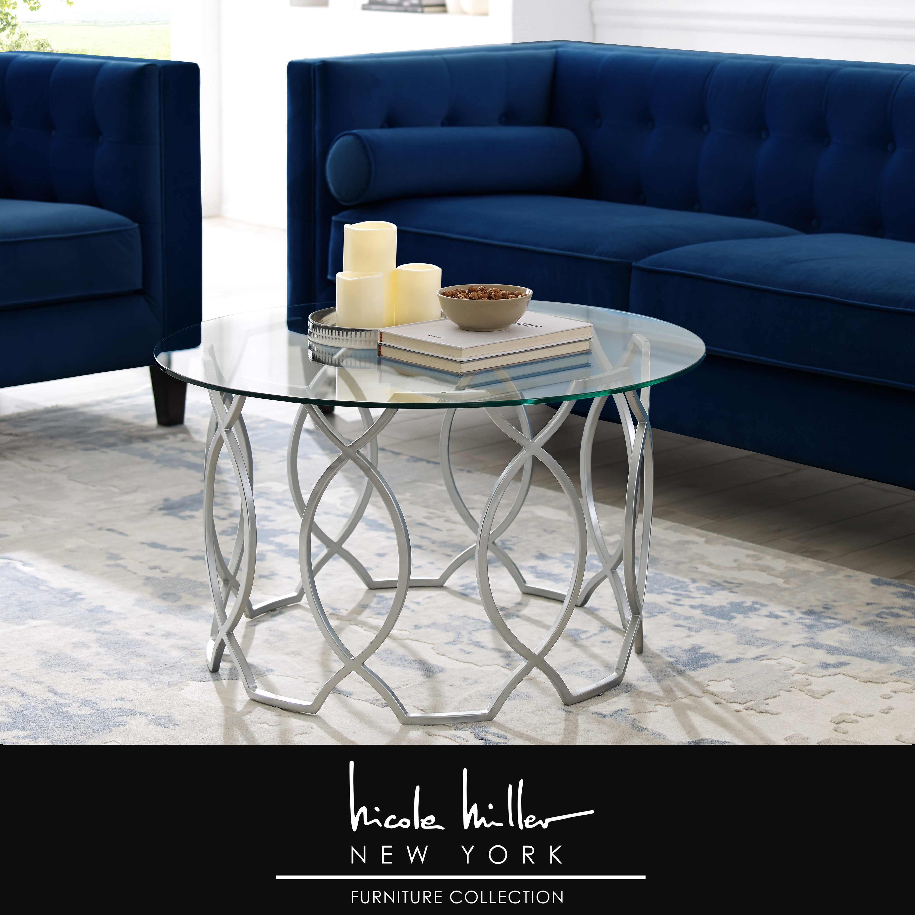 Sikara Round Modern Coffee Table- Durable Clear-Glass Top-Elegant Frame Design-By Nicole Miller - Silver