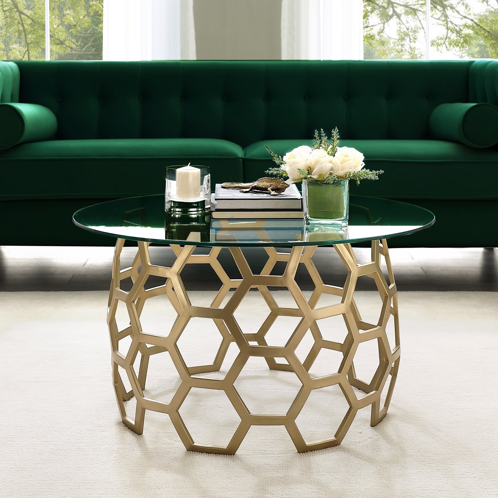 Minae Round Geometric Coffee Table-Durable Clear-Glass Top-Hexagon Metal Frame-By Inspired Home - Gold
