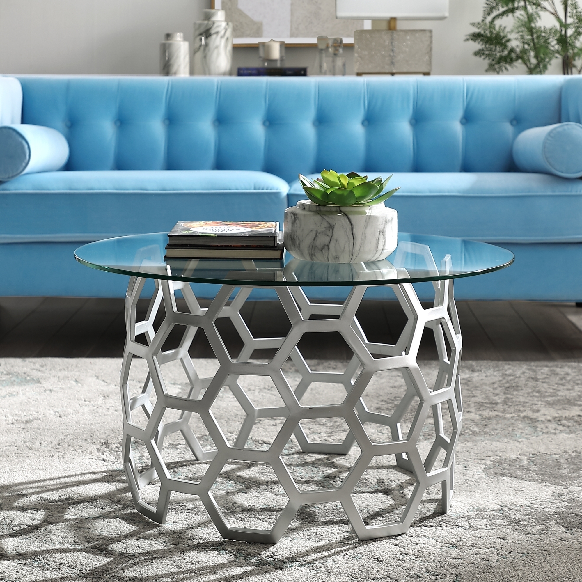 Minae Round Geometric Coffee Table-Durable Clear-Glass Top-Hexagon Metal Frame-By Inspired Home - Silver
