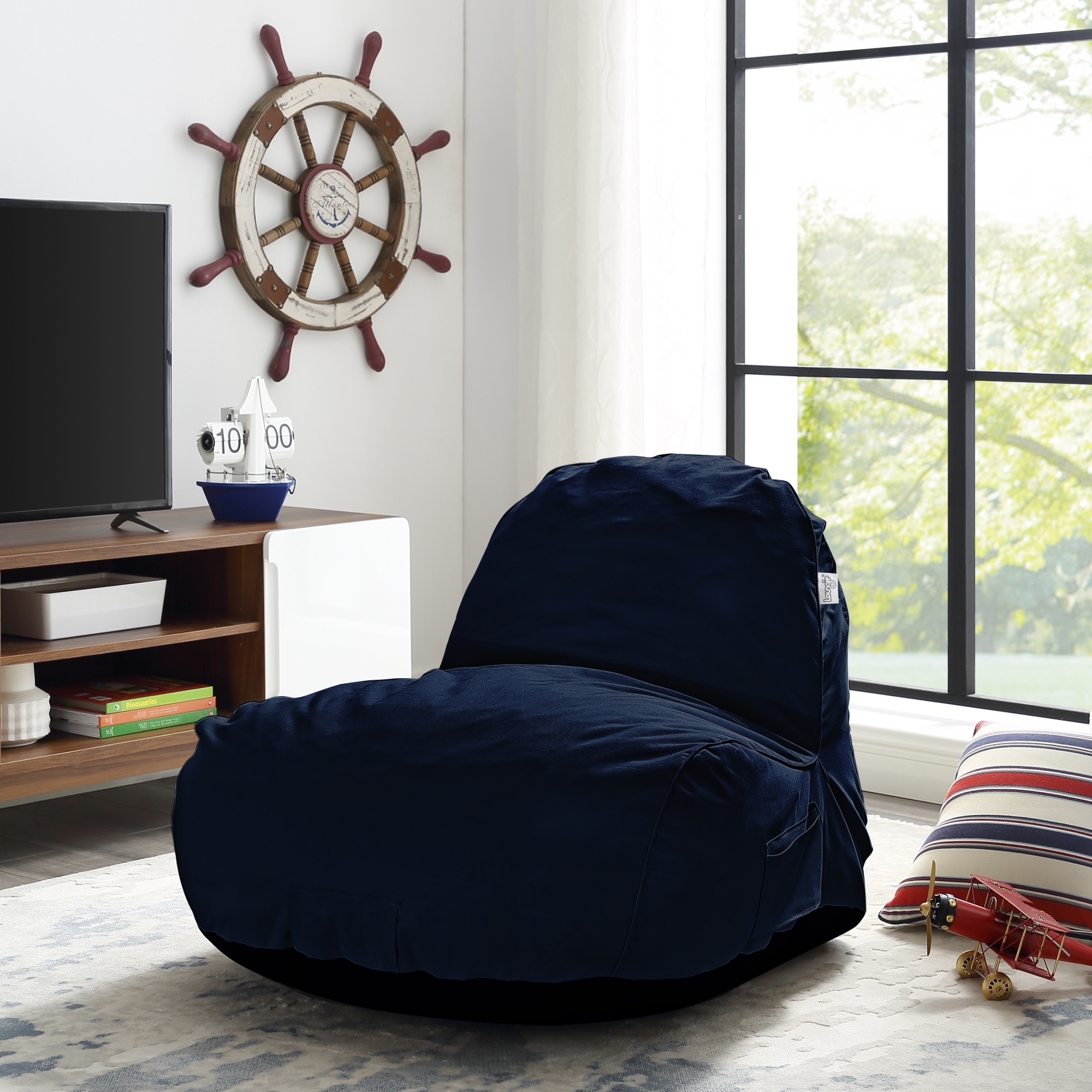 Loungie Cosmic Foam Lounge Chair-Nylon Bean Bag-Indoor- Outdoor-Self Expanding-Water Resistant - Blue
