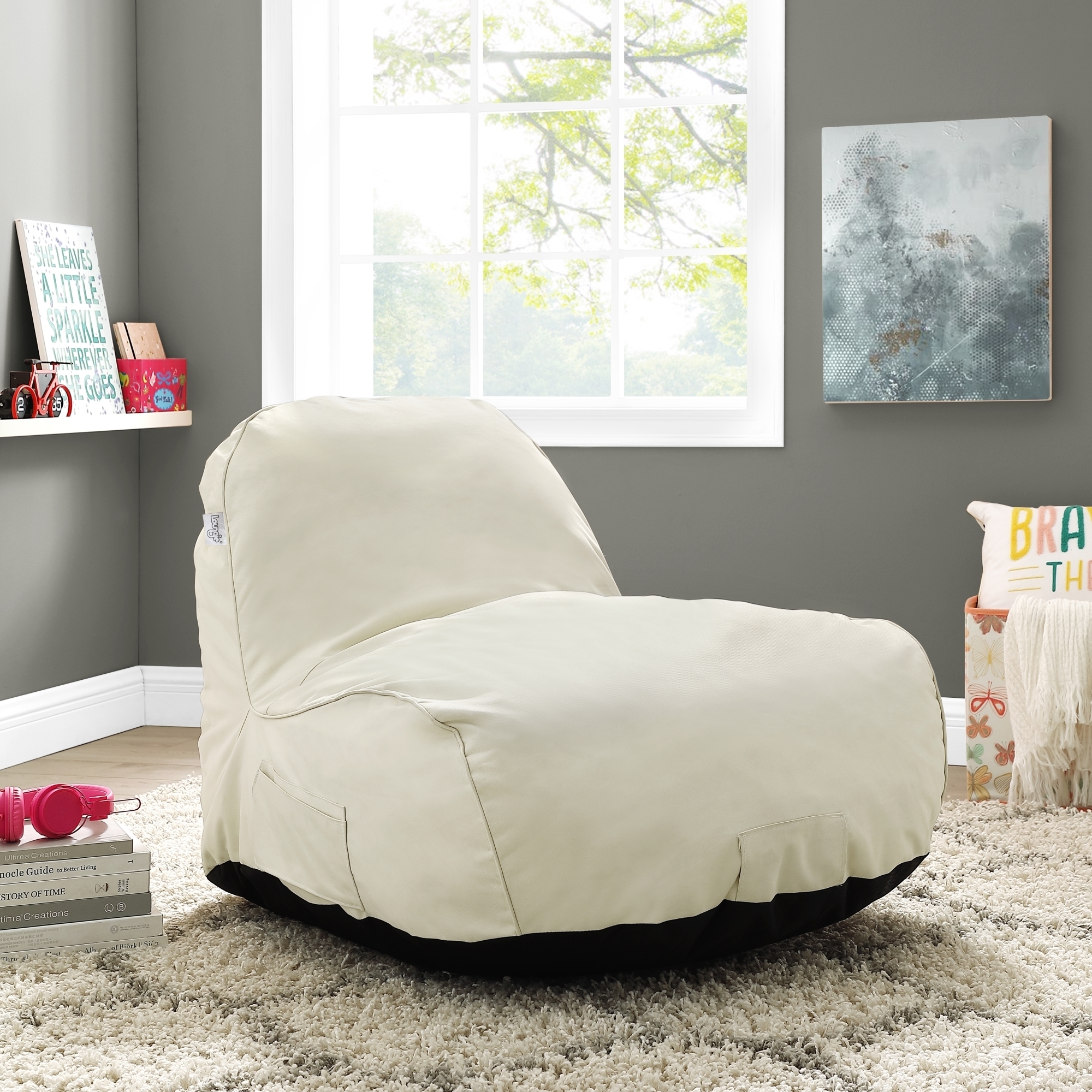 Loungie Cosmic Foam Lounge Chair-Nylon Bean Bag-Indoor- Outdoor-Self Expanding-Water Resistant - Beige