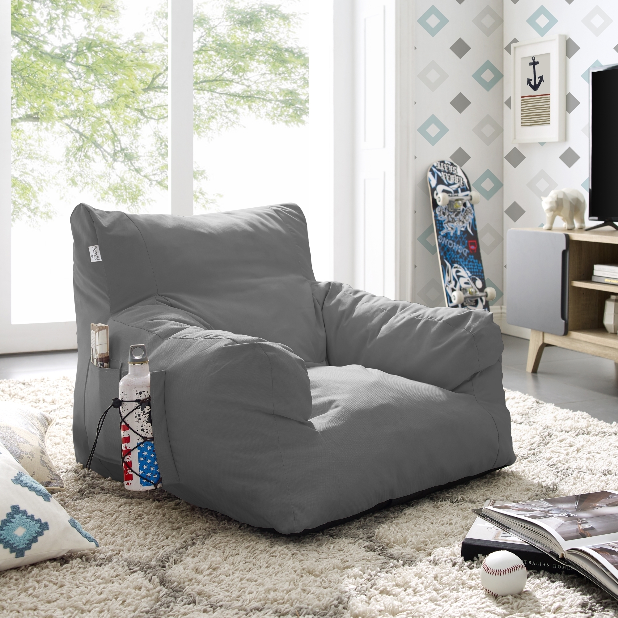 Loungie Comfy Foam Lounge Chair-Nylon Bean Bag-Indoor- Outdoor-Self Expanding-Water Resistant - Grey