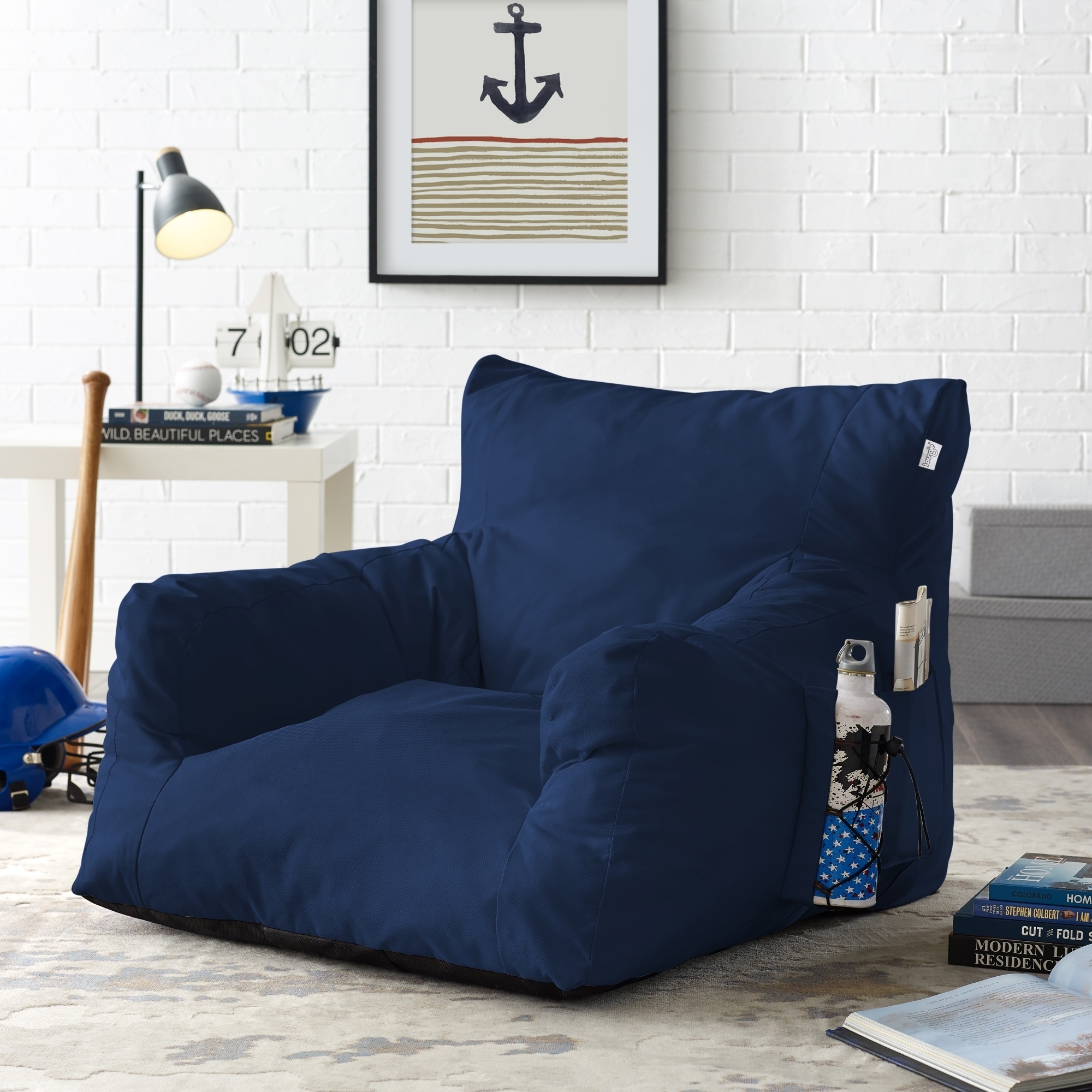 Loungie Comfy Foam Lounge Chair-Nylon Bean Bag-Indoor- Outdoor-Self Expanding-Water Resistant - Navy - navy blue