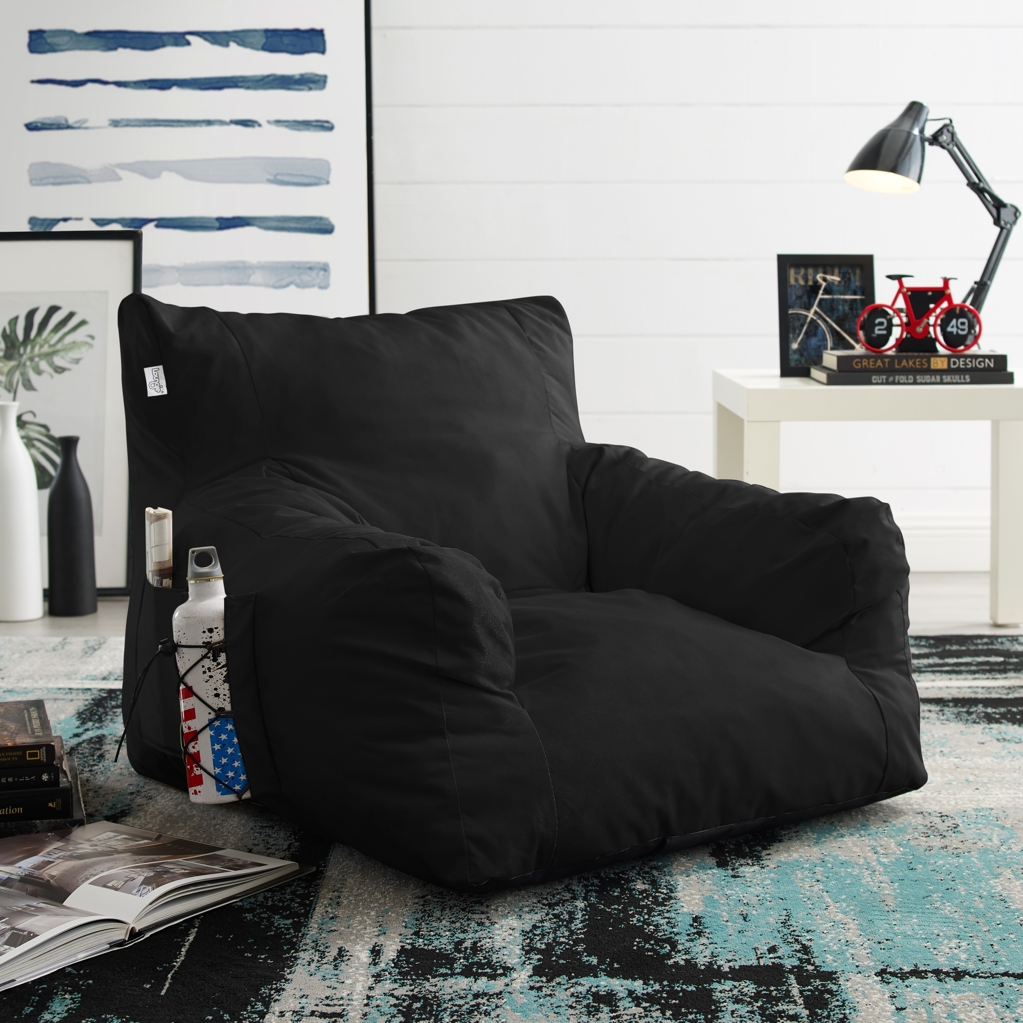 Loungie Comfy Foam Lounge Chair-Nylon Bean Bag-Indoor- Outdoor-Self Expanding-Water Resistant - Black