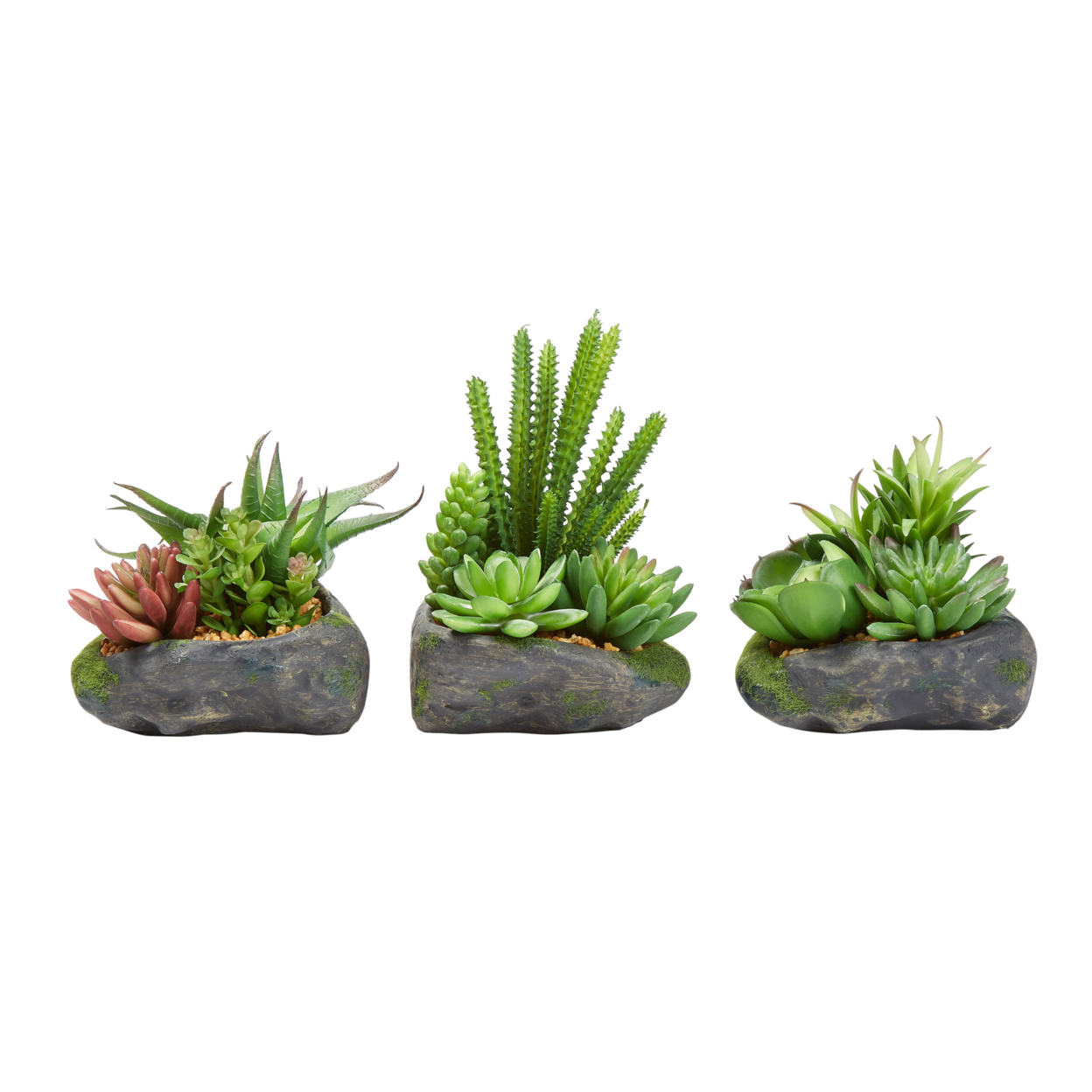 Artificial Succulent Plant Arrangements In Faux Stone Pots, 3 Piece Set In Assorted Sizes