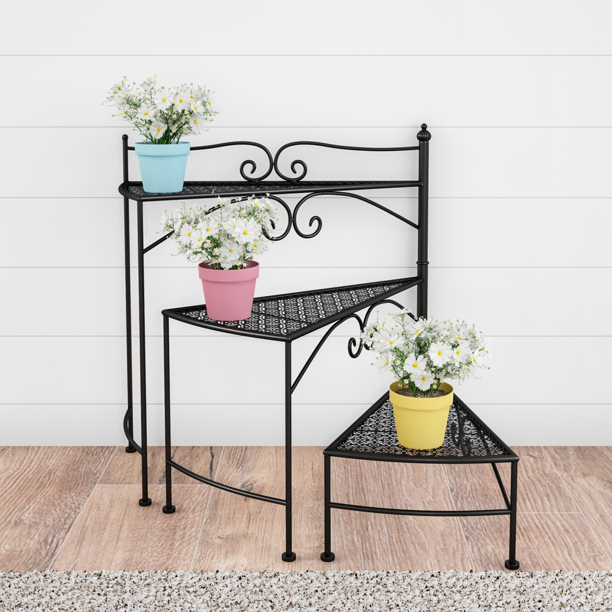 Black Plant Stand 3-Tier Indoor Or Outdoor Folding Spiral Stairs Wrought Iron Metal Home And Garden Display