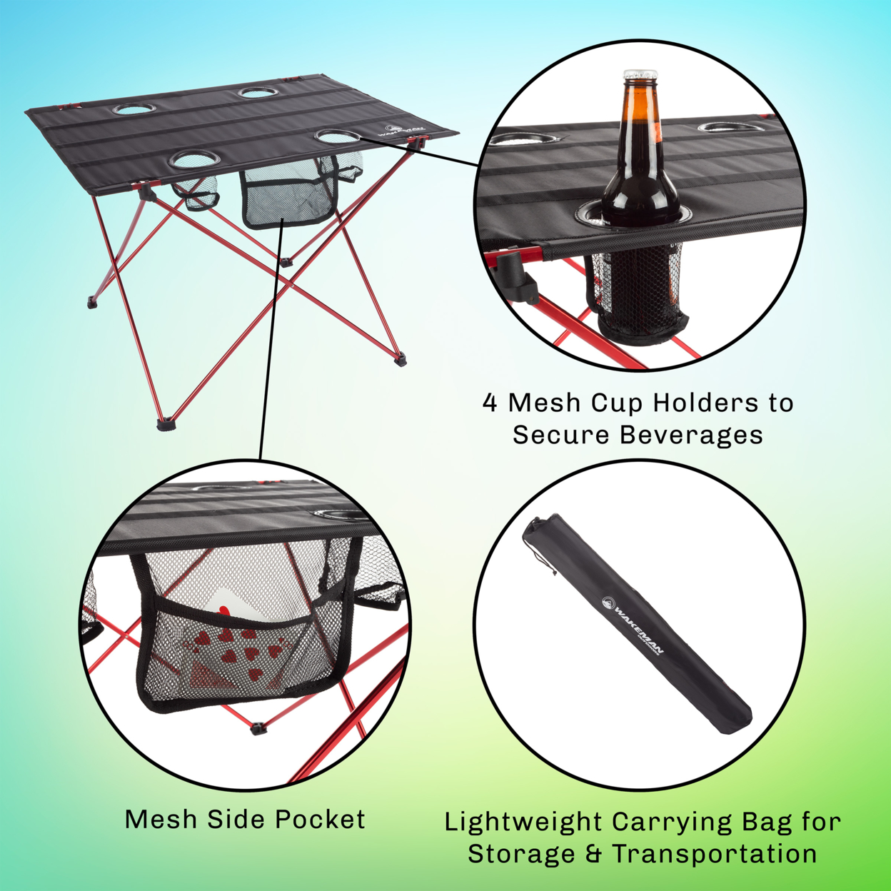 Camp Table-Outdoor Folding Table With 4 Cupholders And Carrying Bag-For Camping, Hiking, Beach, Picnic
