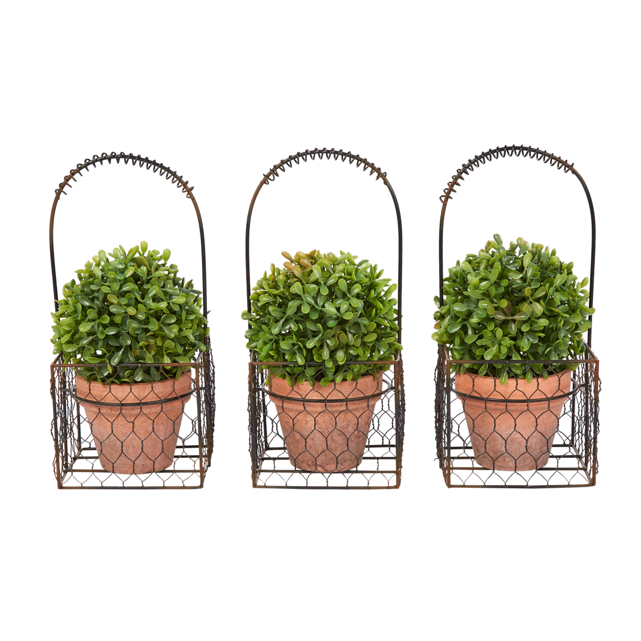 Faux Boxwood 3 Matching Realistic 9.5 Inch Tall Topiary Arrangements In Decorative Metal Baskets (Set Of 3)