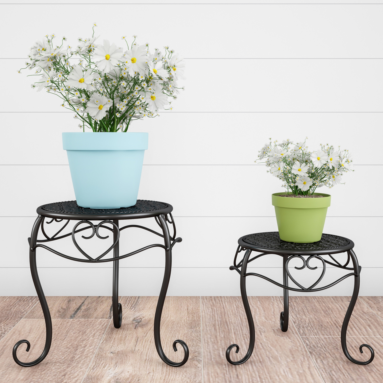 Plant Stands Set Of 2 Black Indoor Or Outdoor Nesting Wrought Iron Inspired Metal Round Decorative Potted Plant Display