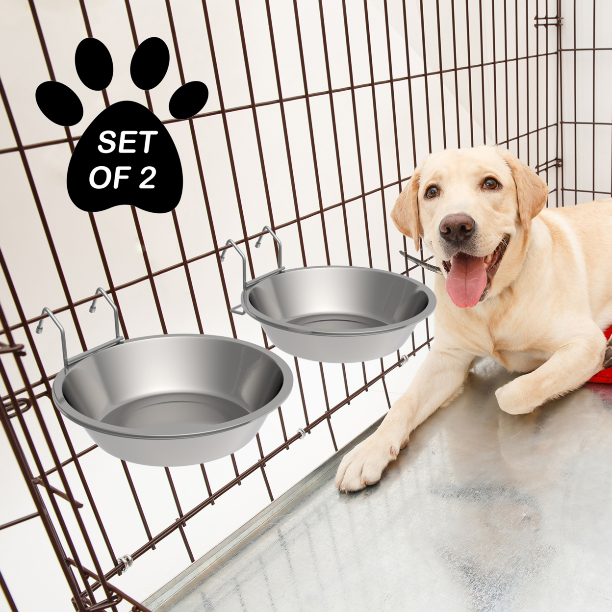 Stainless-Steel Hanging Pet Bowls For Dogs And Cats-Cage, Kennel, And Crate Large Feeder Dishes For Food And Water Set Of 2