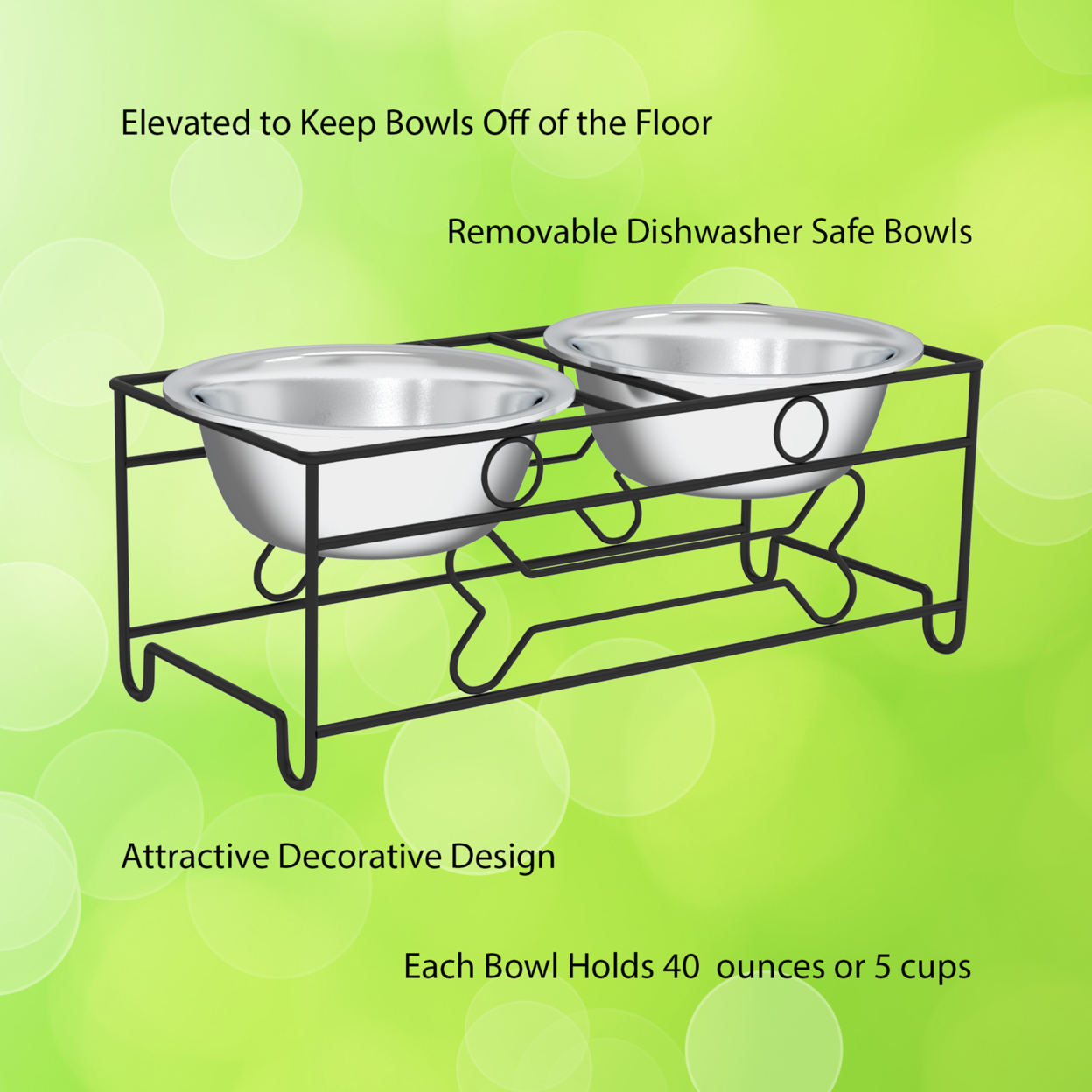 Stainless Steel Raised Food And Water Bowls Bone Decor 6.5 Inch Tall Stand For Dogs And Cats-2 Bowls, 40 Oz