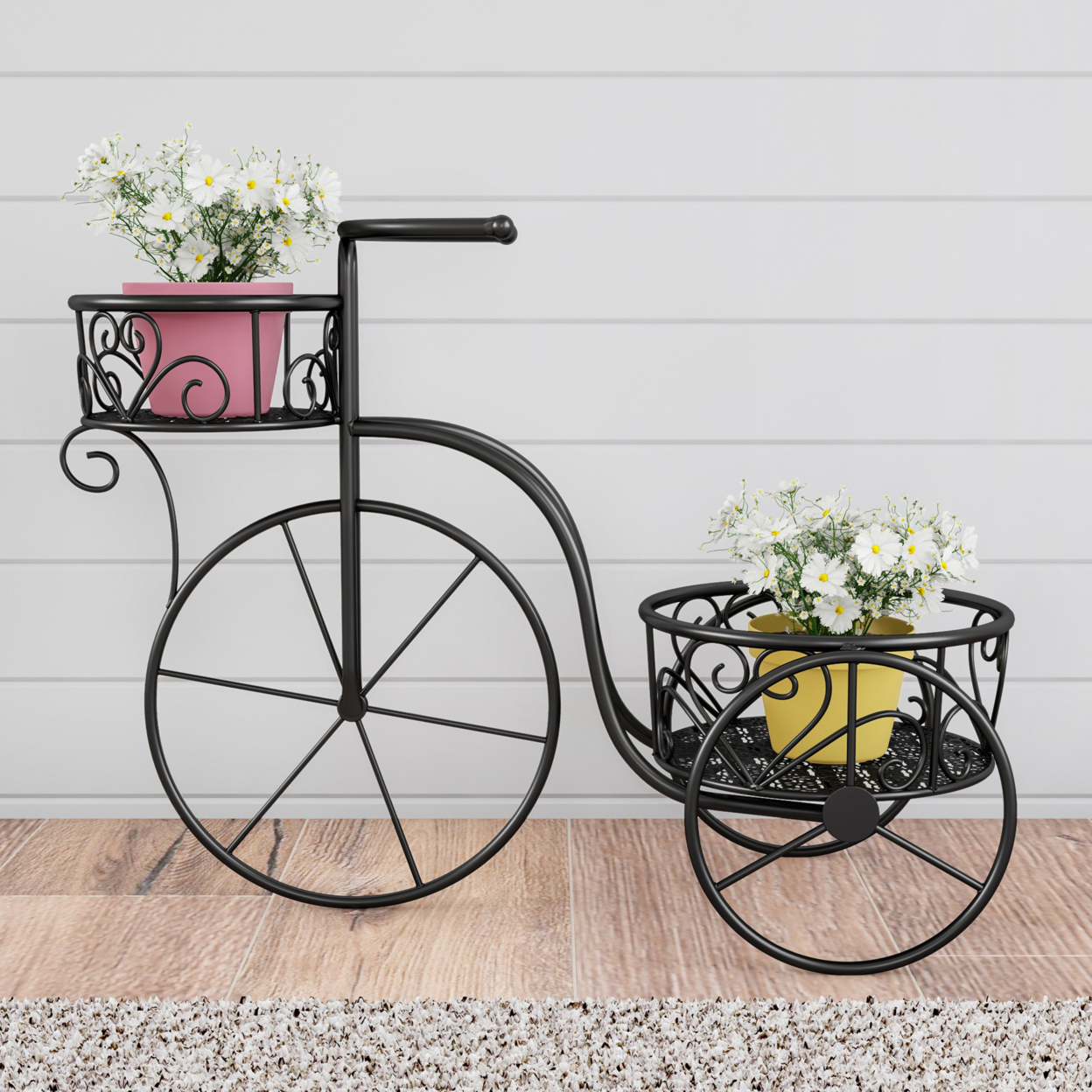 Tricycle Plant Stand 2-Tiered Indoor Or Outdoor Decorative Vintage-Look Metal Display For Patio