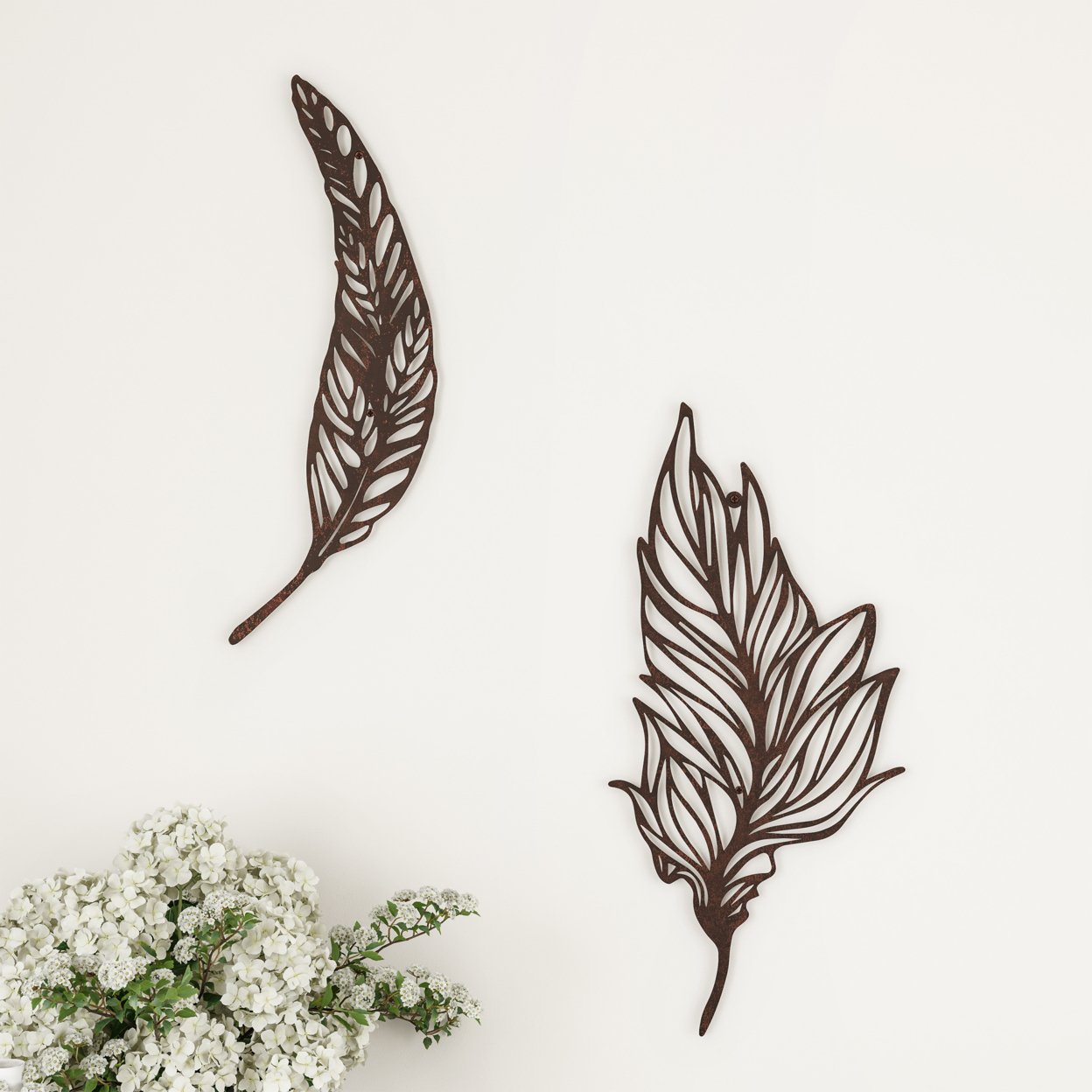 Wall Decor-Set Of Two Metal Feather Hanging Wall Art Laser Cut Contemporary Nature Sculpture