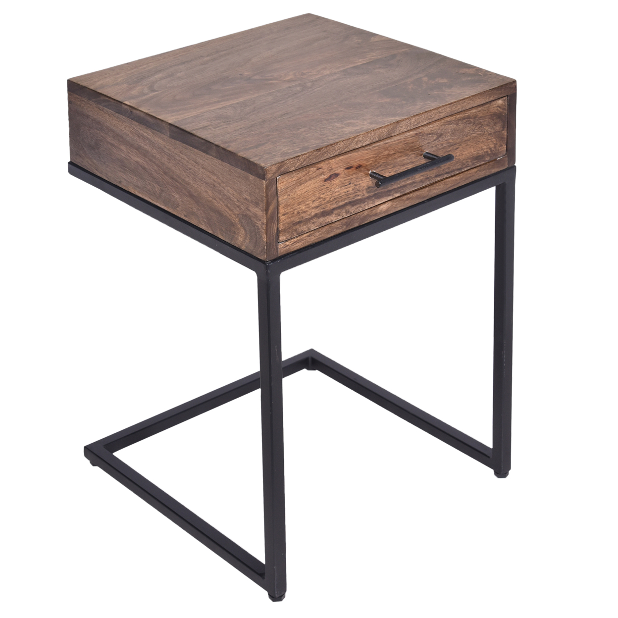 Mango Wood Side Table With Drawer And Cantilever Iron Base, Brown And Black- Saltoro Sherpi