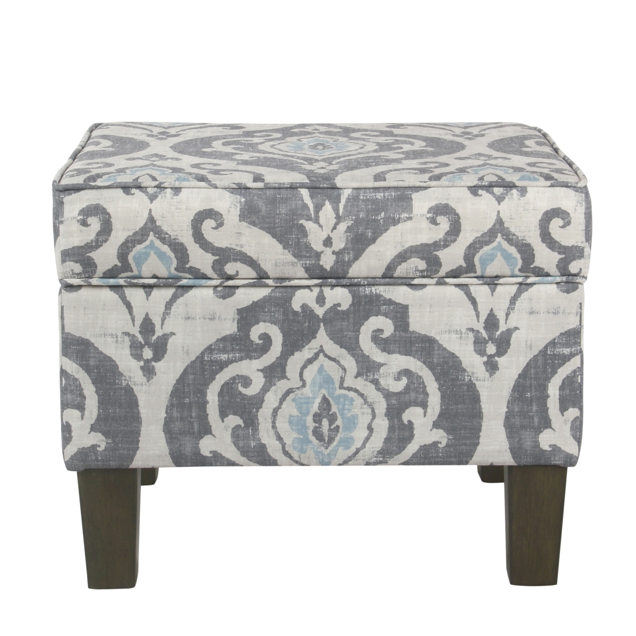 Wooden Ottoman With Patterned Fabric Upholstery And Hidden Storage, Gray And Blue- Saltoro Sherpi