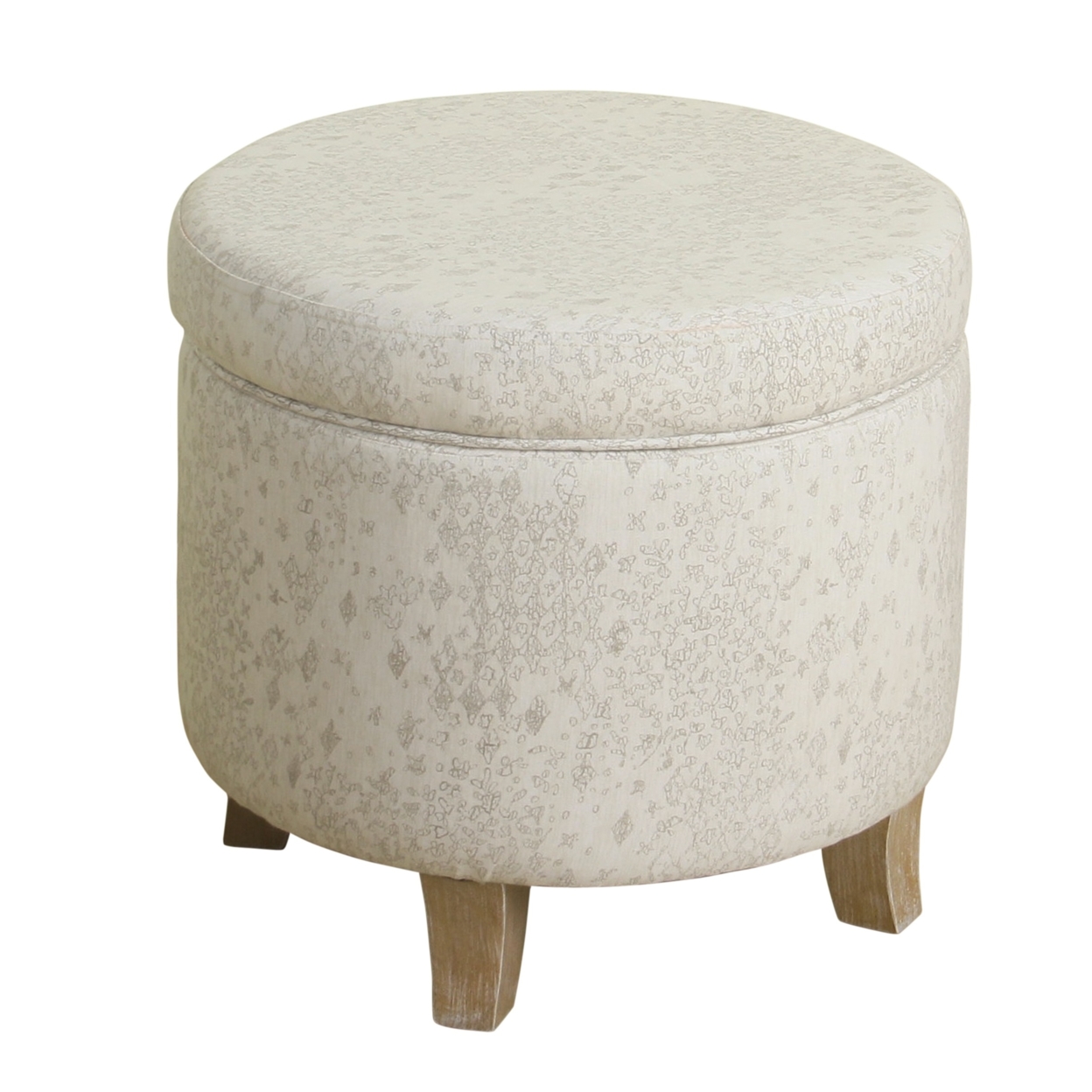 Fabric Upholstered Round Wooden Ottoman With Lift Off Lid Storage, Gray And Brown- Saltoro Sherpi