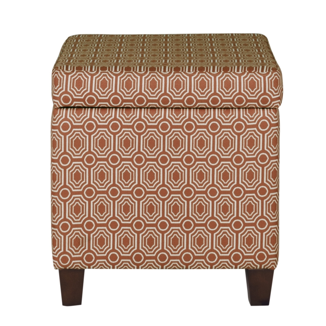 Geometric Patterned Square Wooden Ottoman With Lift Off Lid Storage, Orange And Cream- Saltoro Sherpi