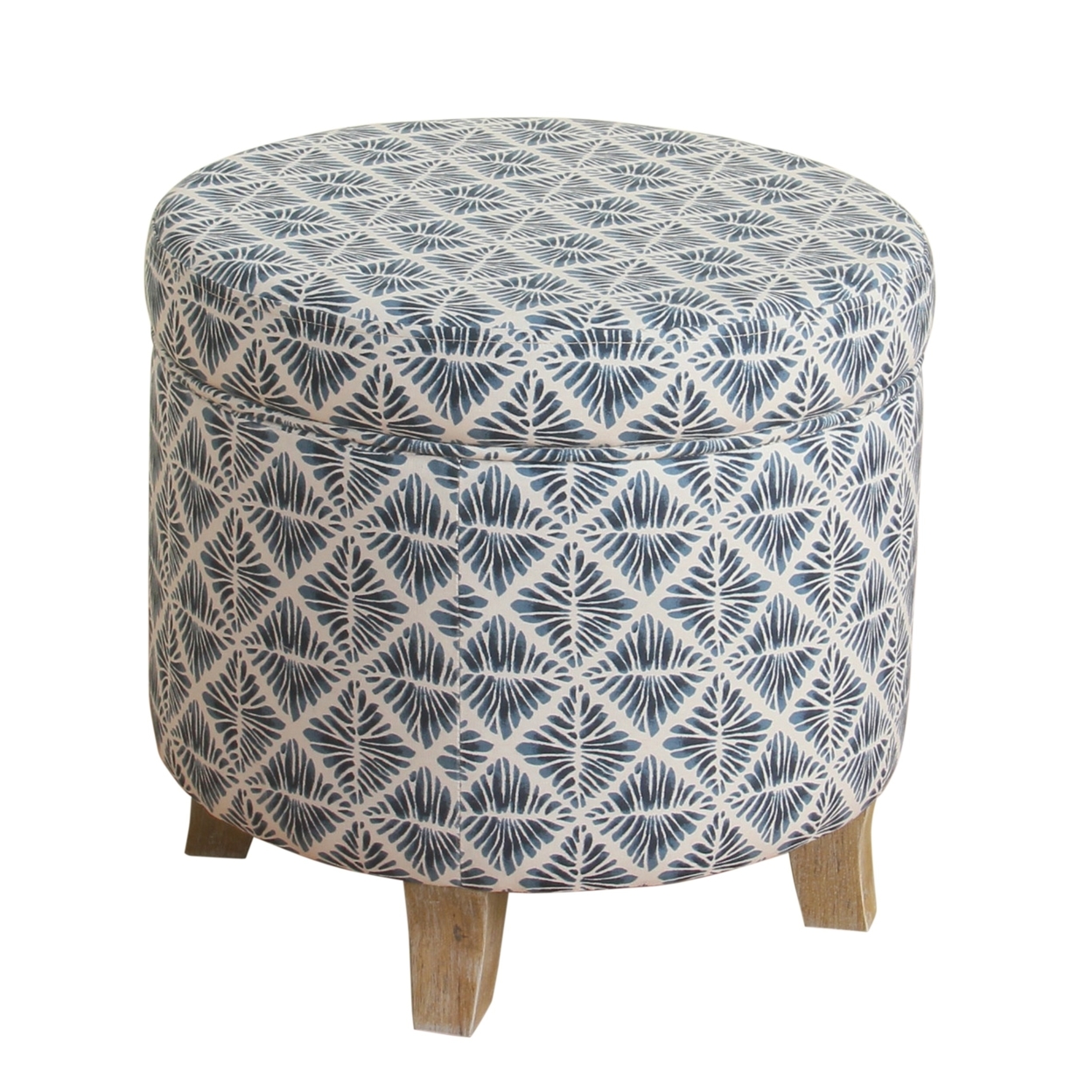 Round Shaped Fabric Upholstered Wooden Ottoman With Lift Off Lid Storage, Blue And White- Saltoro Sherpi