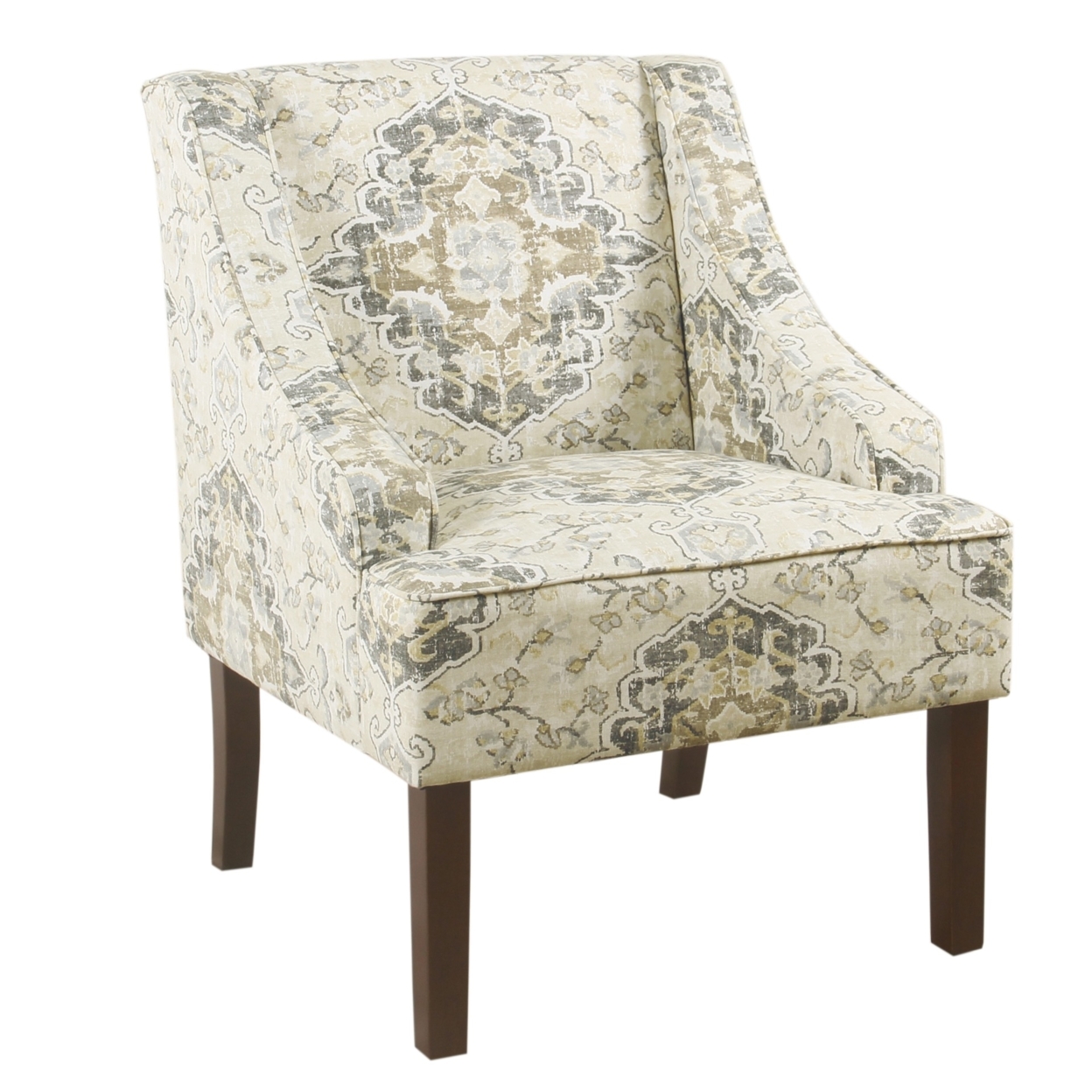 Fabric Upholstered Wooden Accent Chair With Swooping Armrests, Multicolor- Saltoro Sherpi