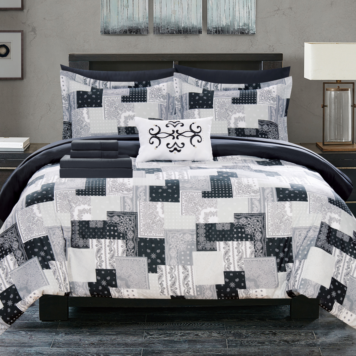 Dei 8 Or 6 Piece Reversible Comforter Set Patchwork Bohemian Paisley Print Design Bed In A Bag - Black, Queen