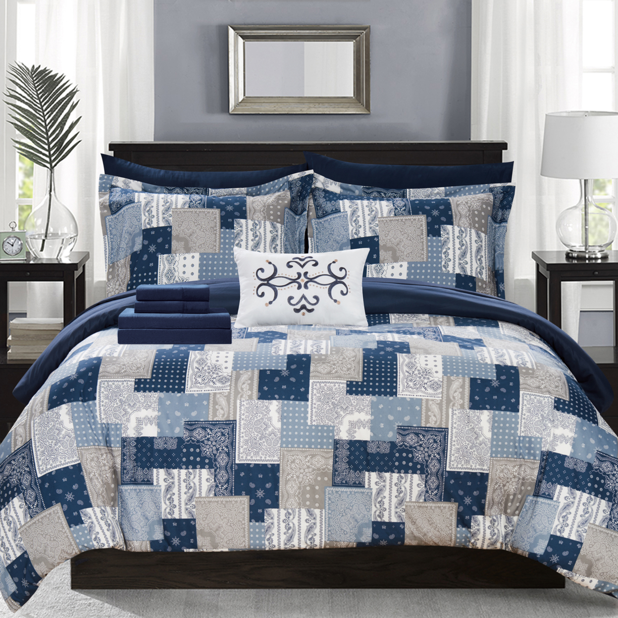 Dei 8 Or 6 Piece Reversible Comforter Set Patchwork Bohemian Paisley Print Design Bed In A Bag - Blue, Queen