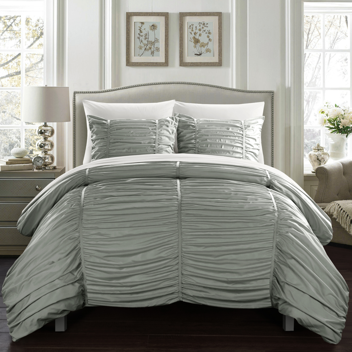 Kleia 7 Or 5 Piece Comforter Set Contemporary Striped Ruched Ruffled Design Bed In A Bag - Grey, King