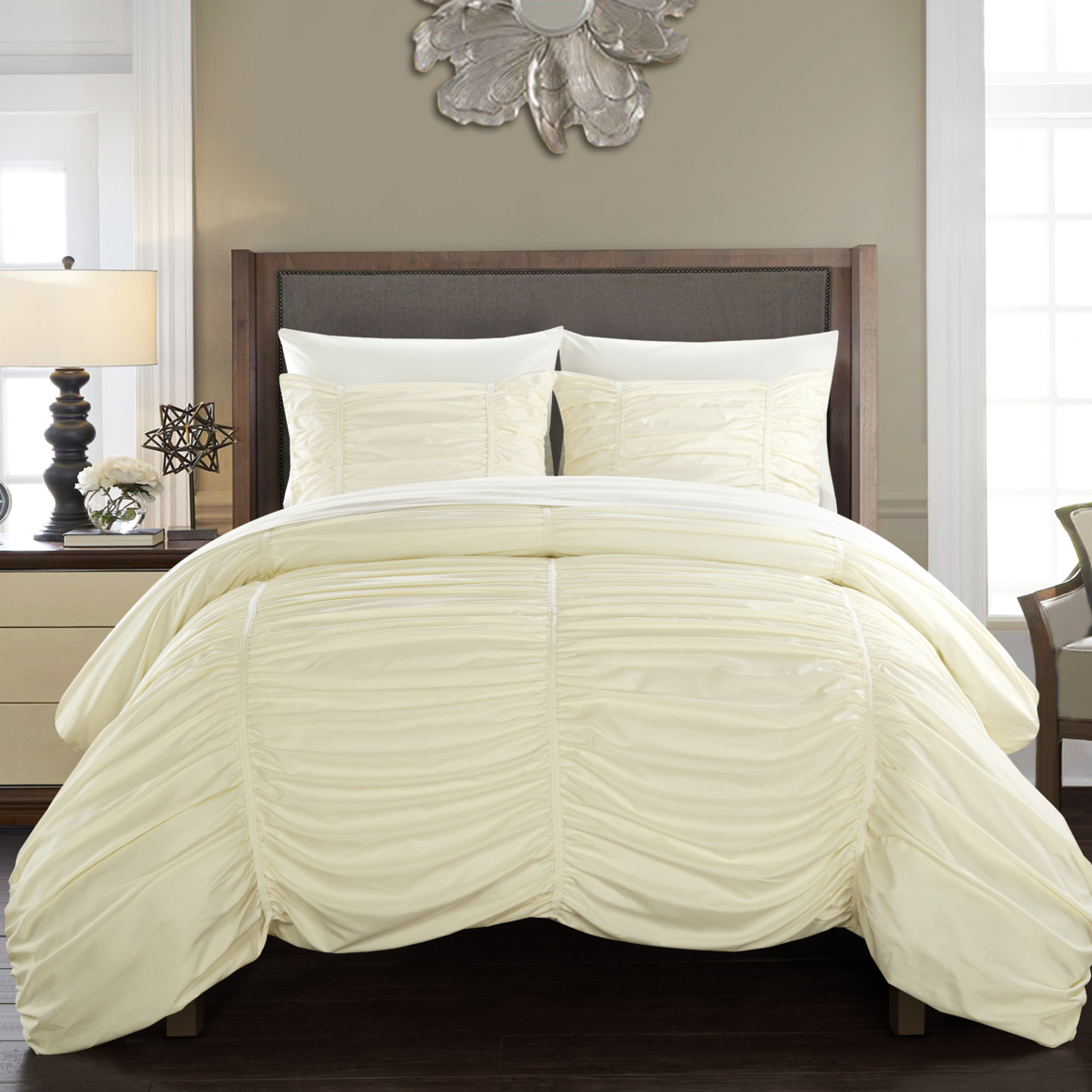 Kleia 7 Or 5 Piece Comforter Set Contemporary Striped Ruched Ruffled Design Bed In A Bag - Beige, King