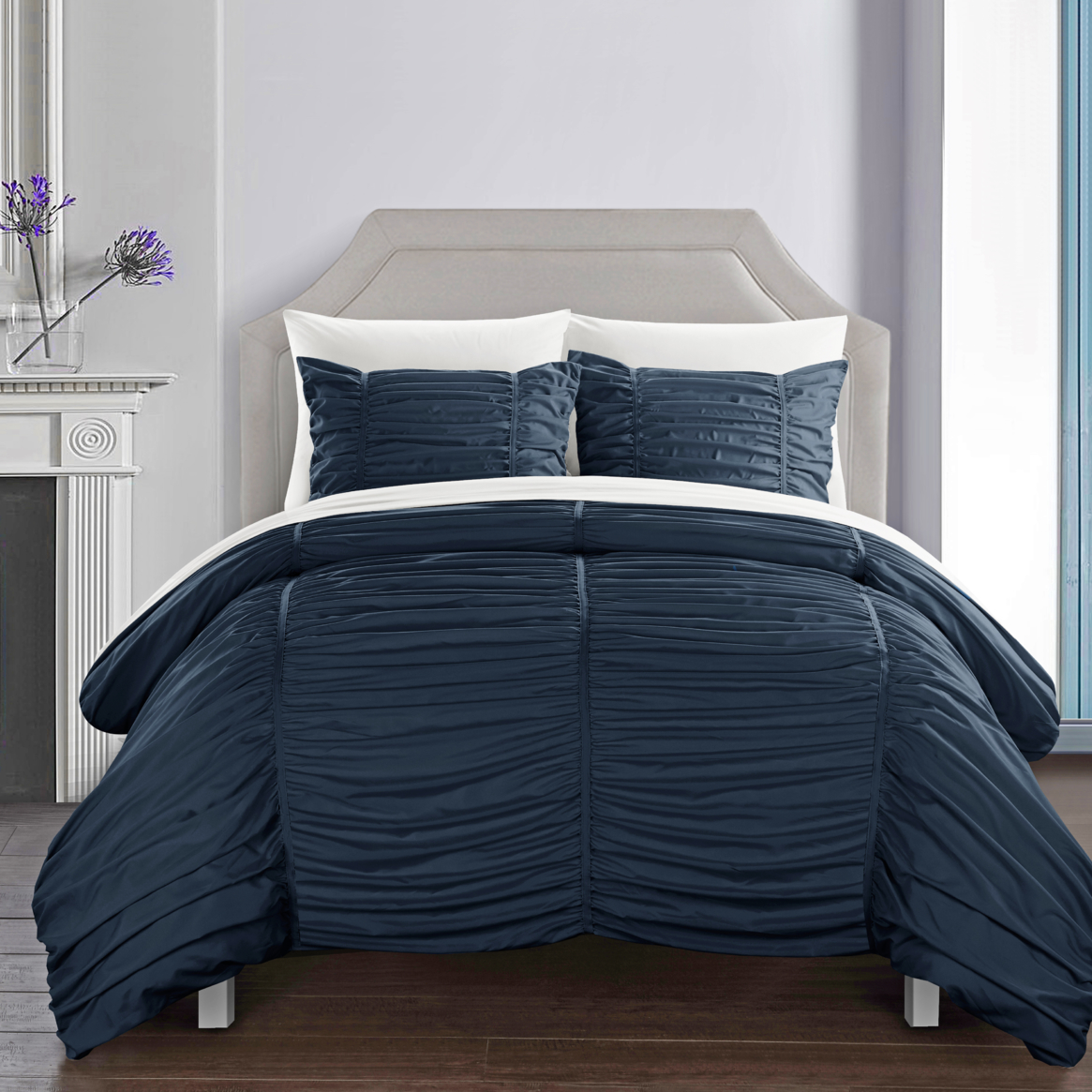 Kleia 7 Or 5 Piece Comforter Set Contemporary Striped Ruched Ruffled Design Bed In A Bag - Navy, King