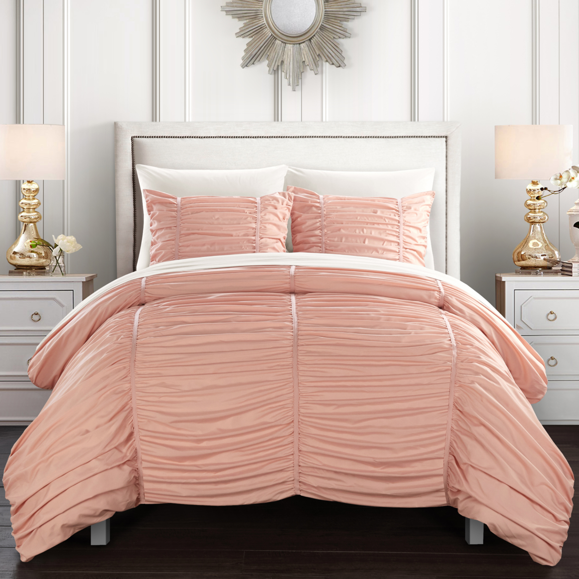 Kleia 7 Or 5 Piece Comforter Set Contemporary Striped Ruched Ruffled Design Bed In A Bag - Coral, Queen