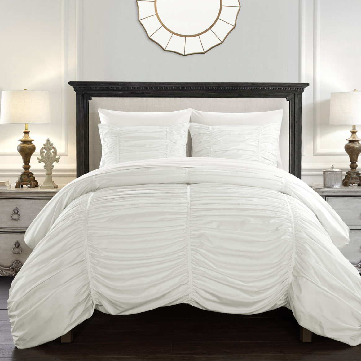 Kleia 7 Or 5 Piece Comforter Set Contemporary Striped Ruched Ruffled Design Bed In A Bag - White, Queen