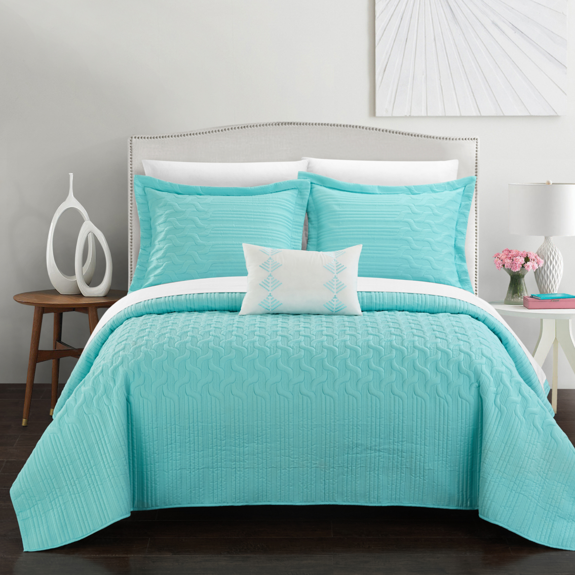 Shaliya 8 Or 6 Piece Quilt Cover Set Interlaced Vine Pattern Quilted Bed In A Bag - Aqua, Queen