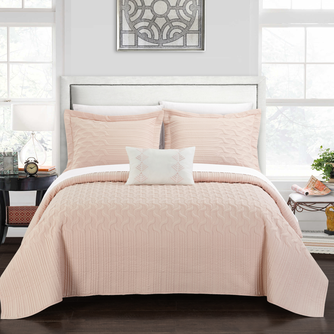 Shaliya 8 Or 6 Piece Quilt Cover Set Interlaced Vine Pattern Quilted Bed In A Bag - Blush, Queen