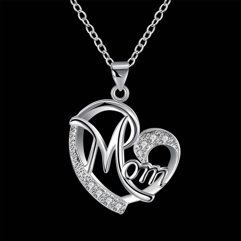 18K Gold Plated Mom CZ Pendant Necklace - Silver