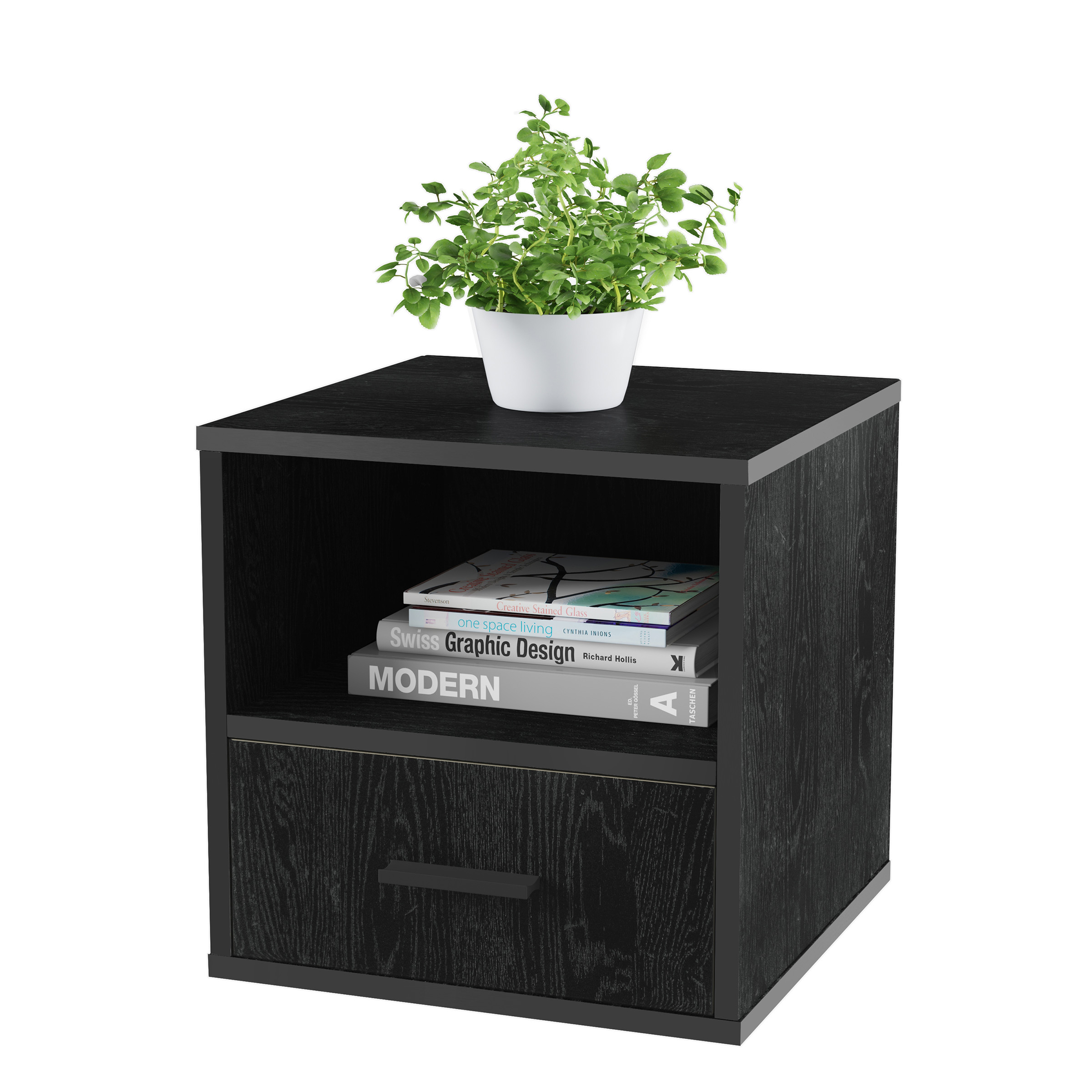 Square Stackable End Table Cube With Drawer Modular Wooden Living Room Bedroom Stand - Black