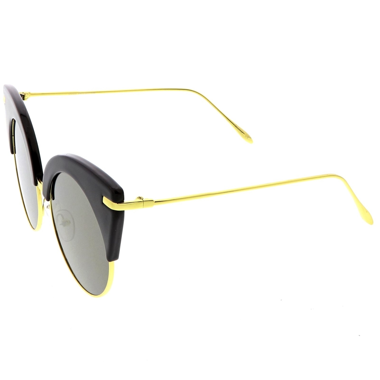 Oversize Half Frame Cat Eye Sunglasses Ultra Slim Arms Round Mirrored Flat Lens 54mm - Black Gold / Gold Mirror
