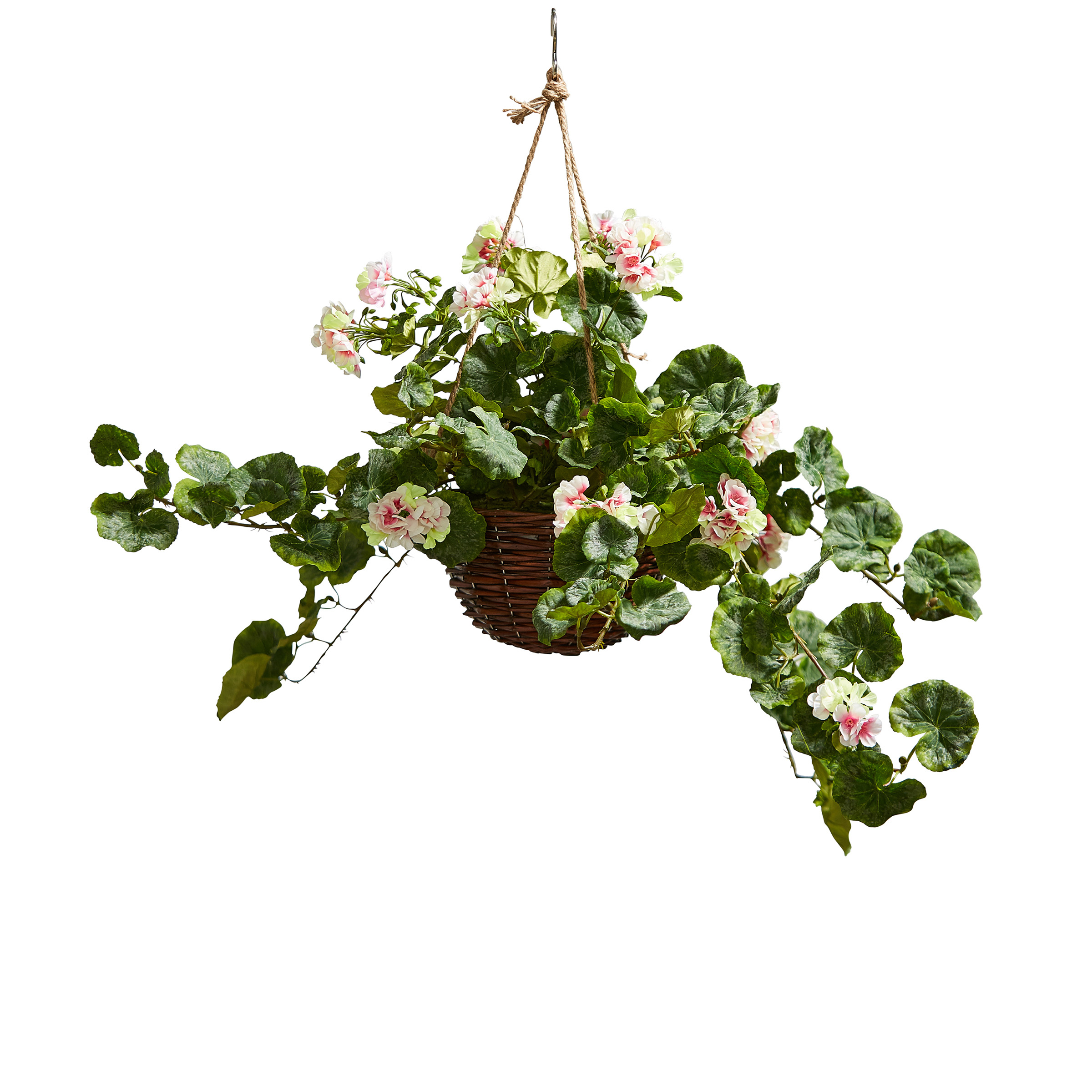 Faux Flower Basket Fake Geranium Hanging Basket Indoor Covered Outdoor Floral Arrangement Home Office Patio - Pink And White