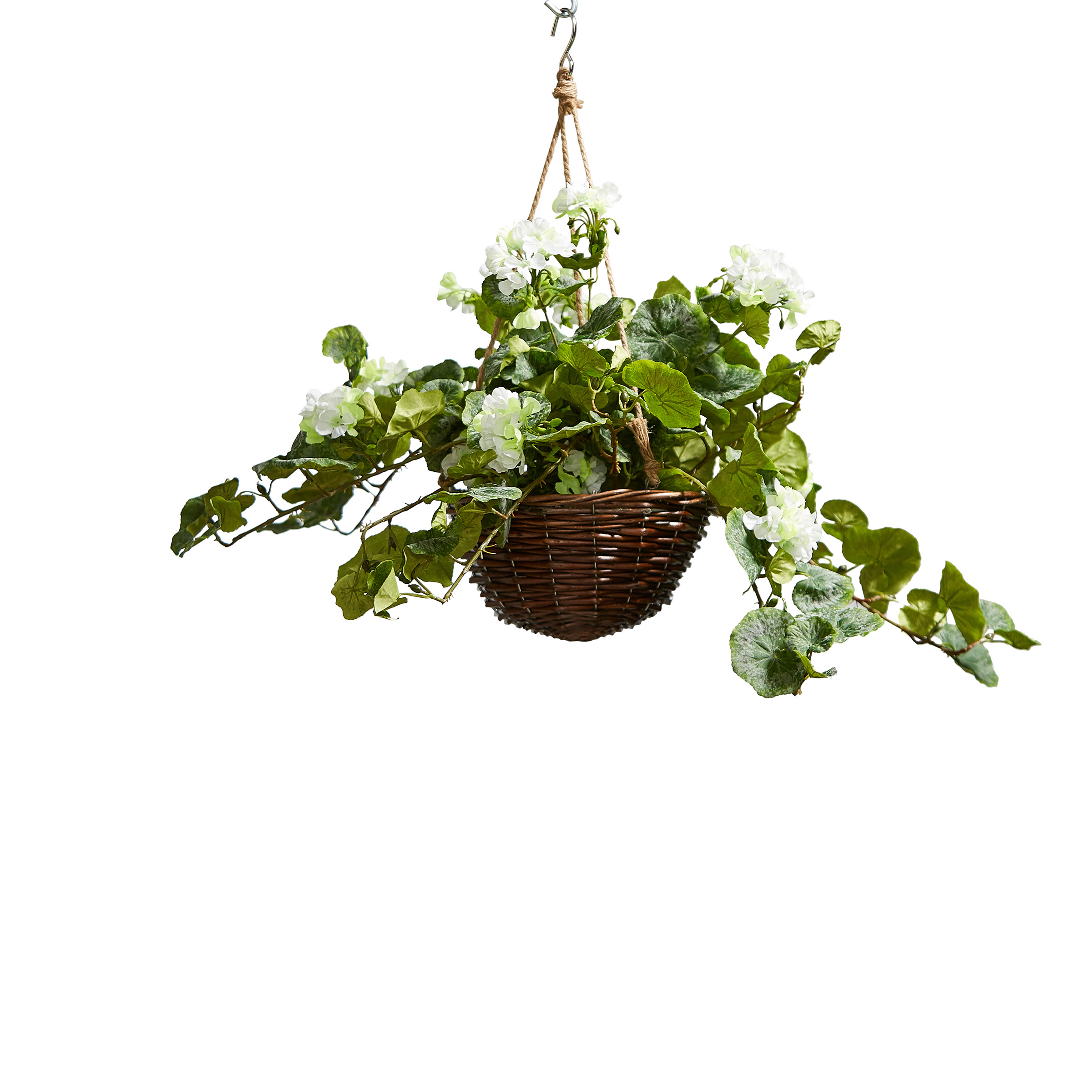 Faux Flower Basket Fake Geranium Hanging Basket Indoor Covered Outdoor Floral Arrangement Home Office Patio - White